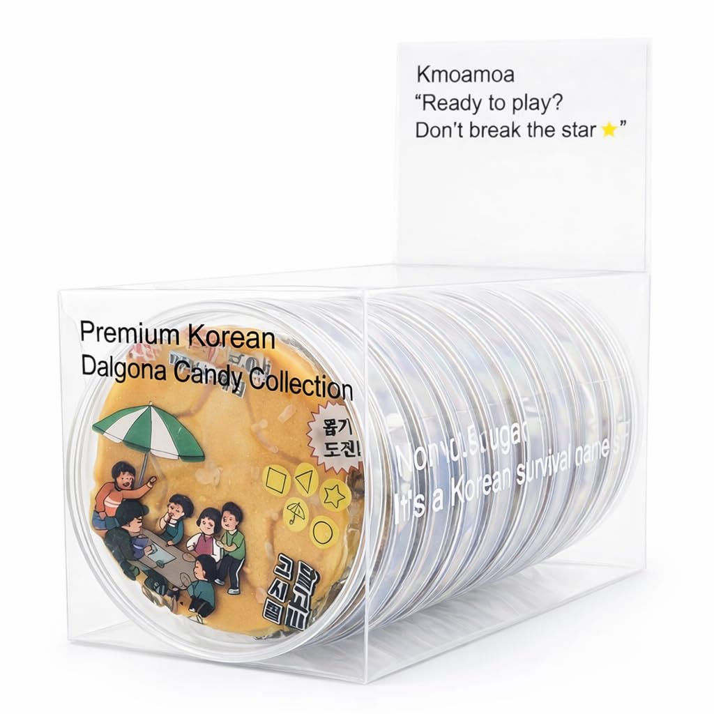 KMOAMOA front packaging showing 10-pack and authentic Korean dalgona candy benefits convenience