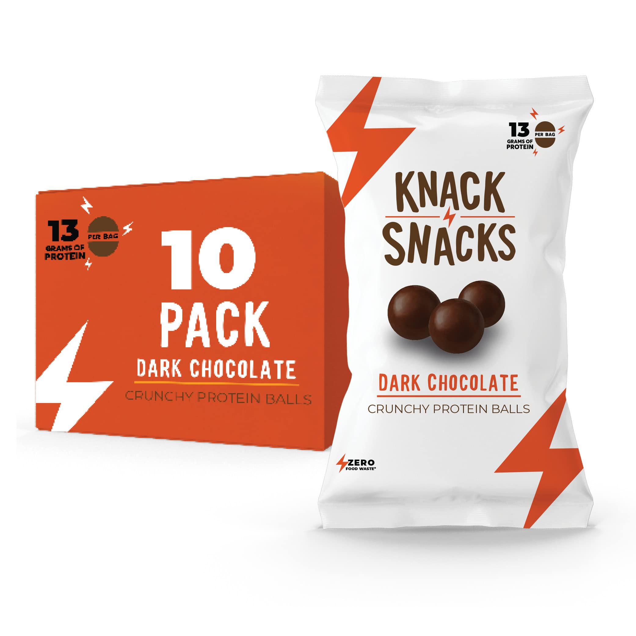 Knack Snacks front packaging shows dark chocolate protein benefits