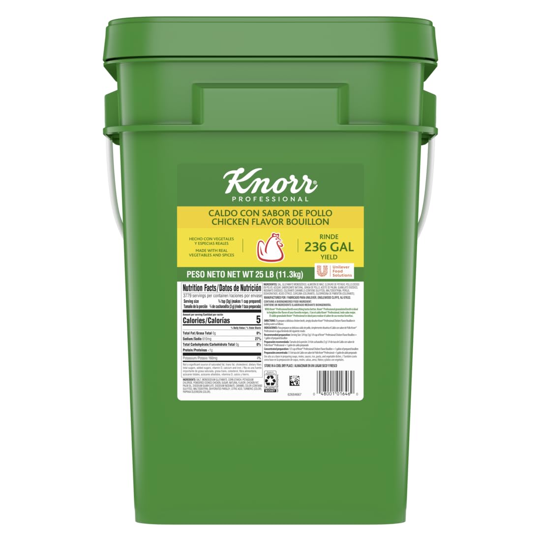 Knorr Caldo de Pollo pail front label showing product and benefits