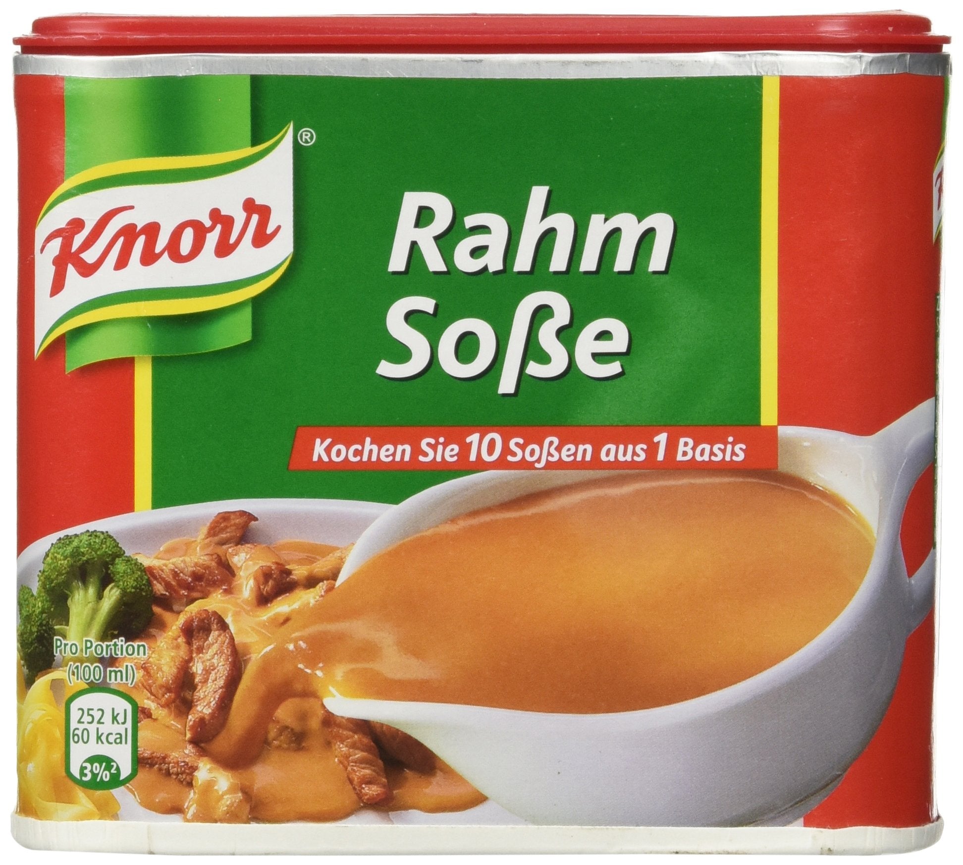 Knorr front can showing creamy gravy, quick prep and rich sauce benefit