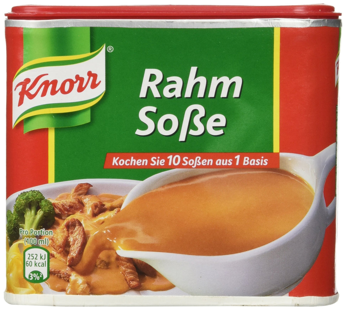 Knorr front can showing creamy gravy, quick prep and rich sauce benefit