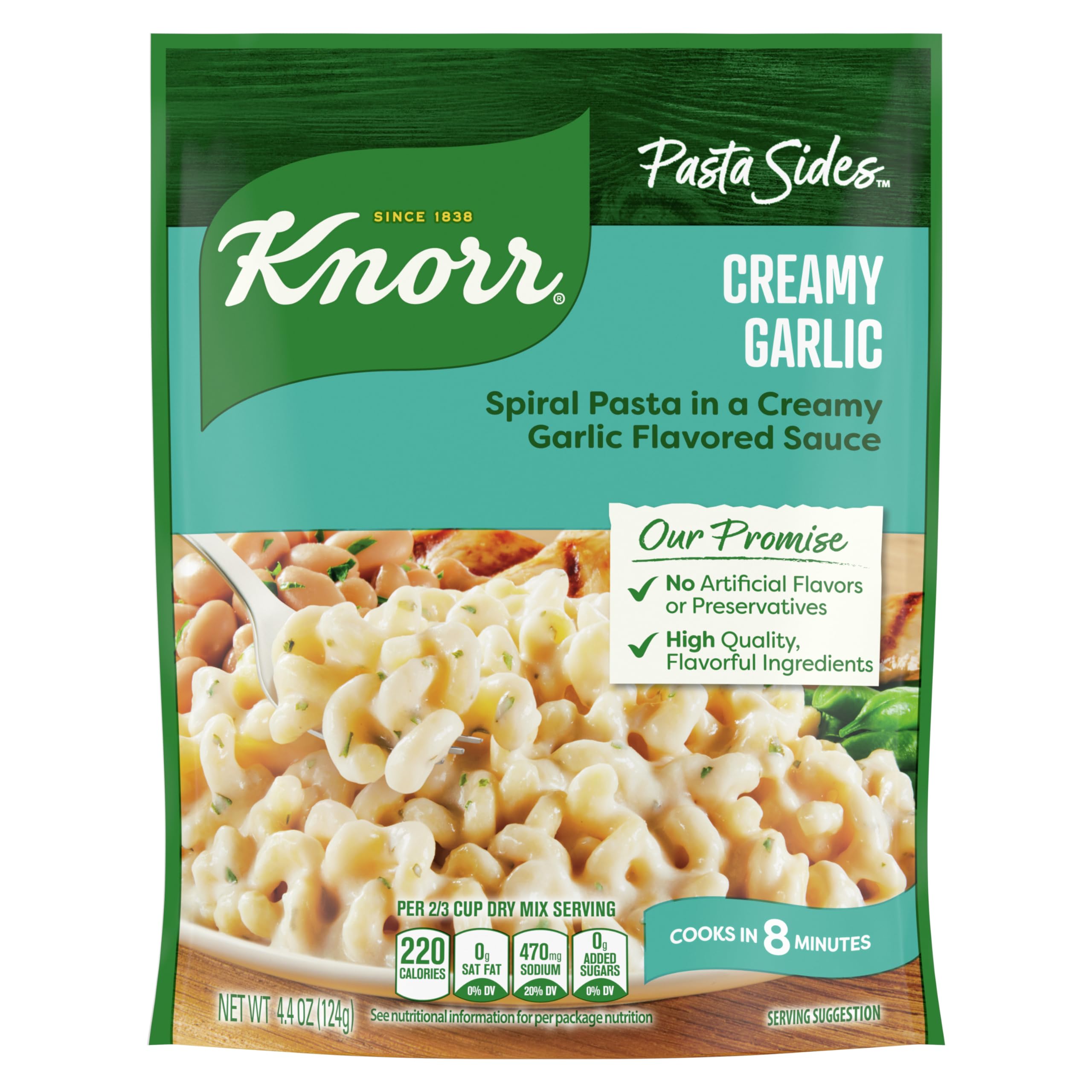 Knorr front box showing creamy garlic pasta mix and easy prep benefit