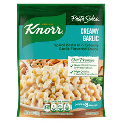 Knorr front box showing creamy garlic pasta mix and easy prep benefit