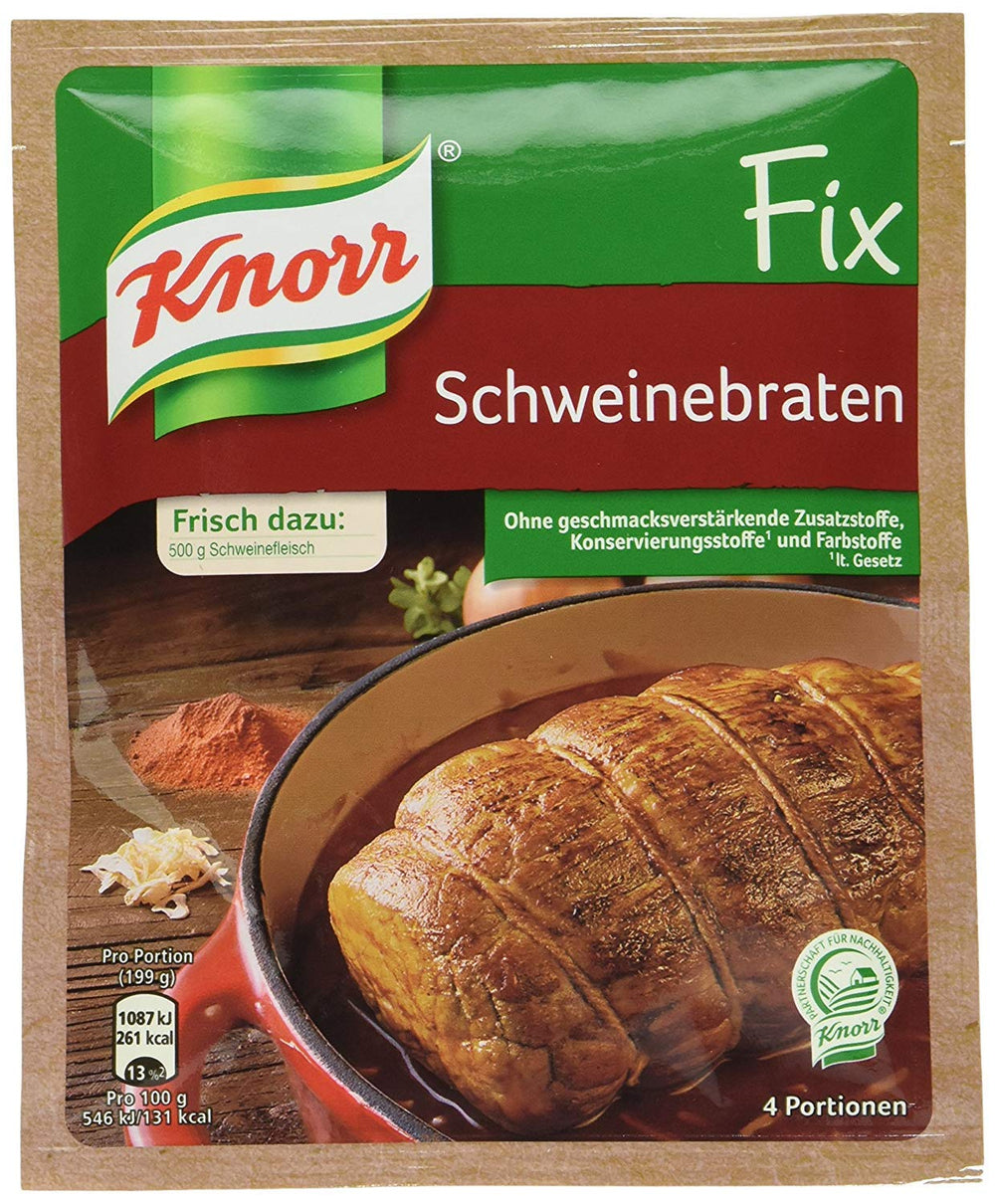 Knorr front packaging showing Schweinebraten mix and easy roast preparation benefit