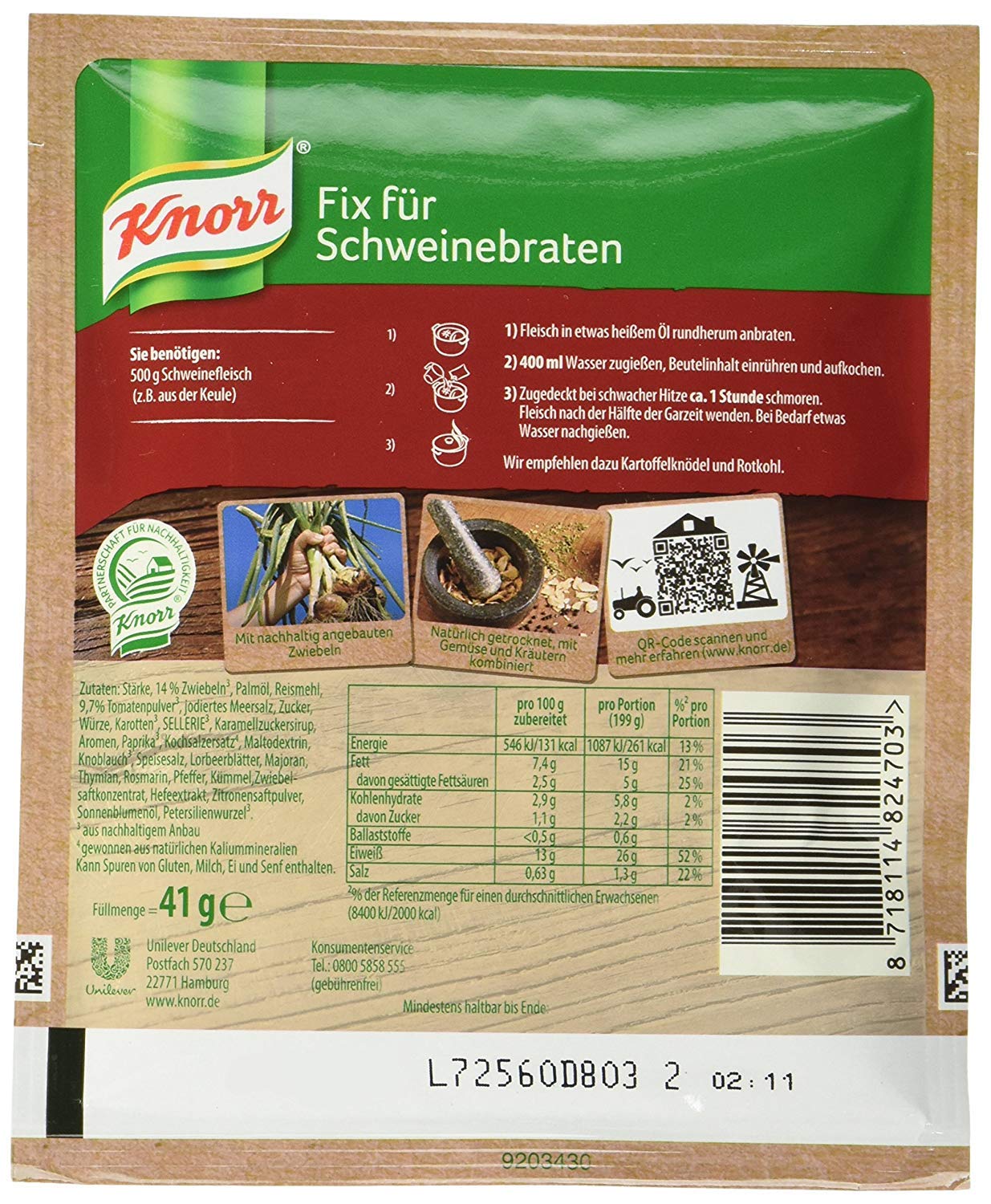 Close-up of the Knorr sachet texture and ingredients for clear usage guidance