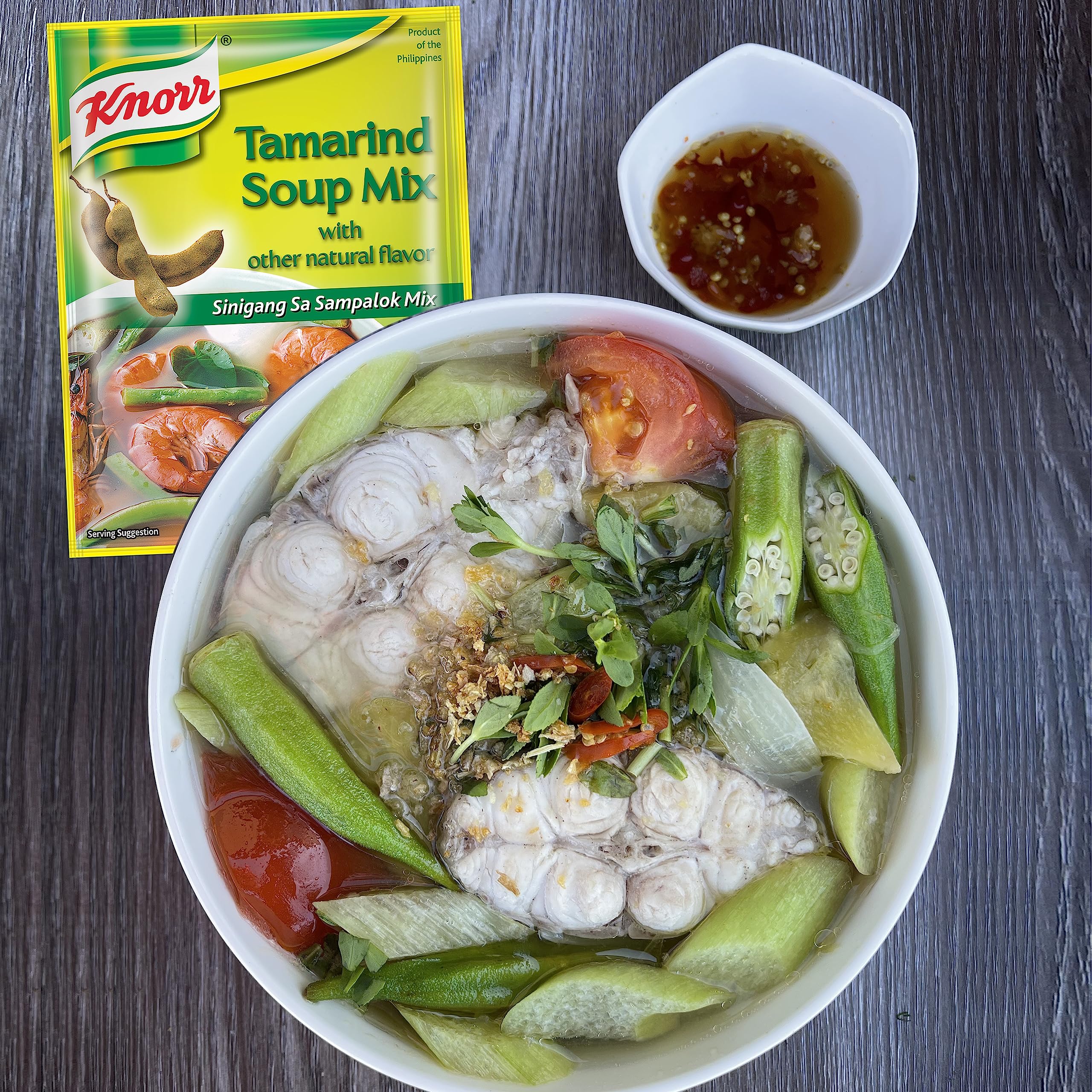 Knorr packet beside common sinigang ingredients for easy meal planning
