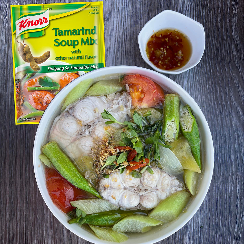 Knorr packet beside common sinigang ingredients for easy meal planning