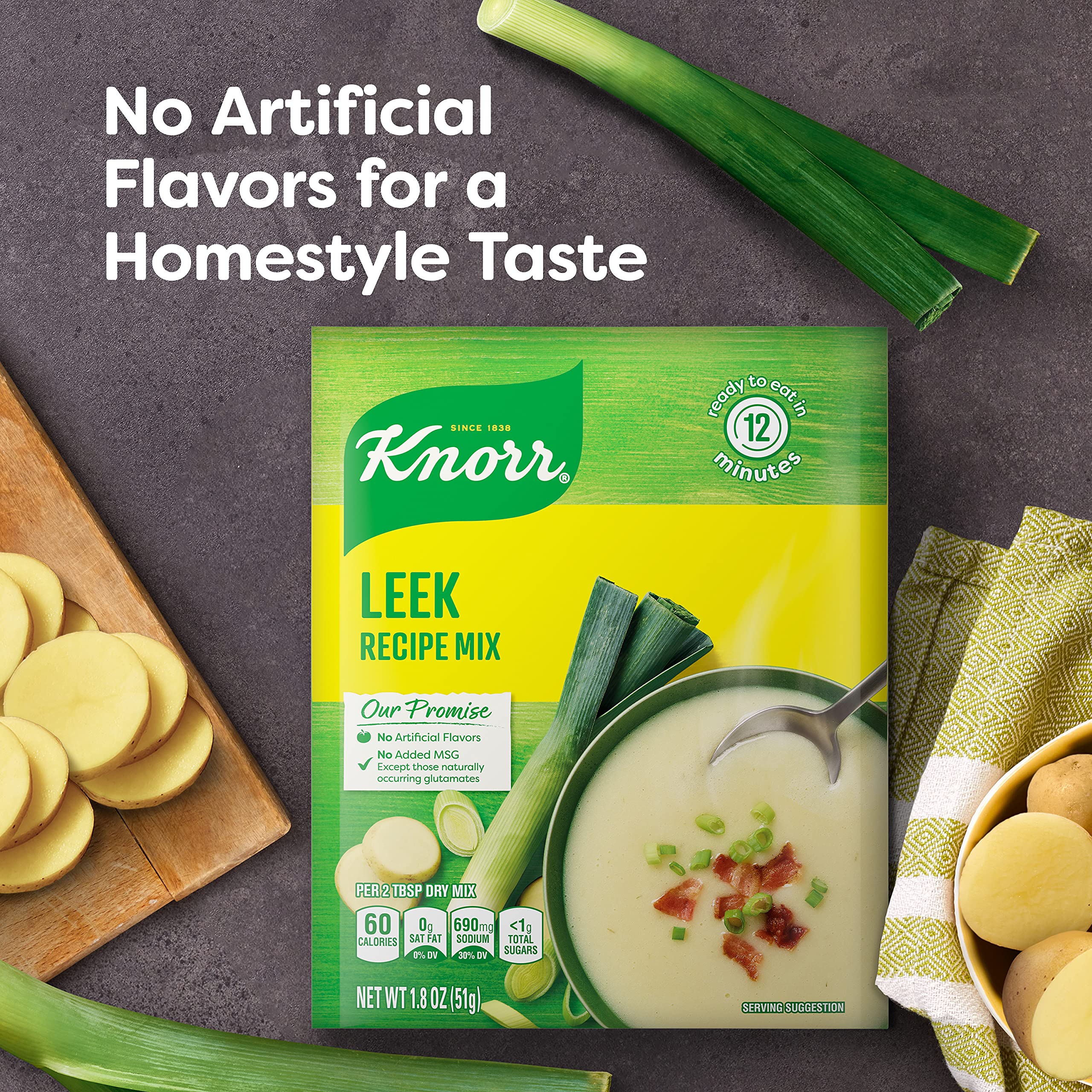 Knorr leek soup box on kitchen counter with prepared soup illustrating simple home cooking