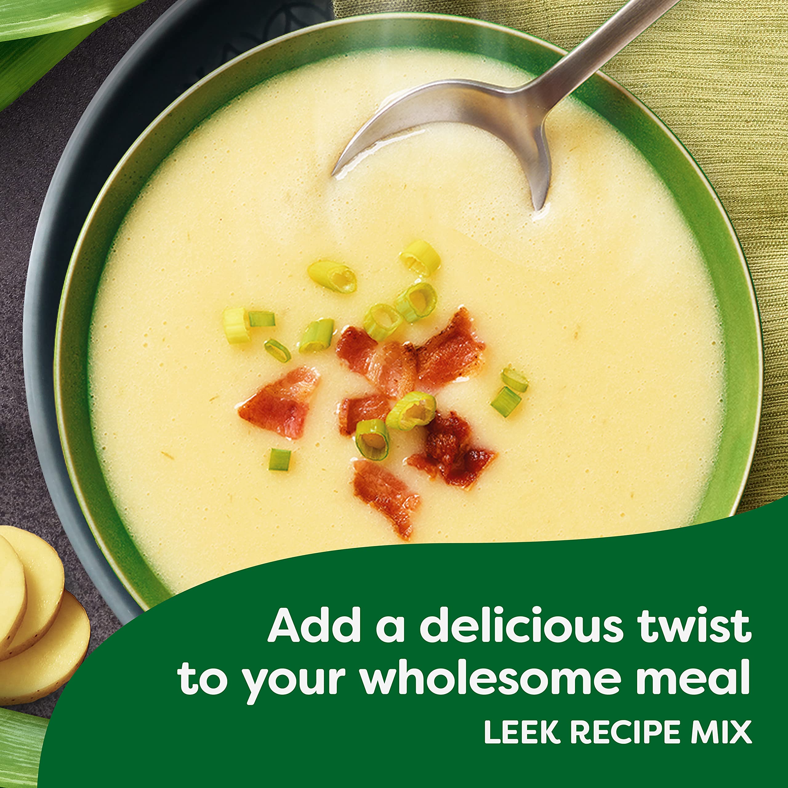 Knorr leek soup pouch beside a spoon showing scale and convenient single-serve size