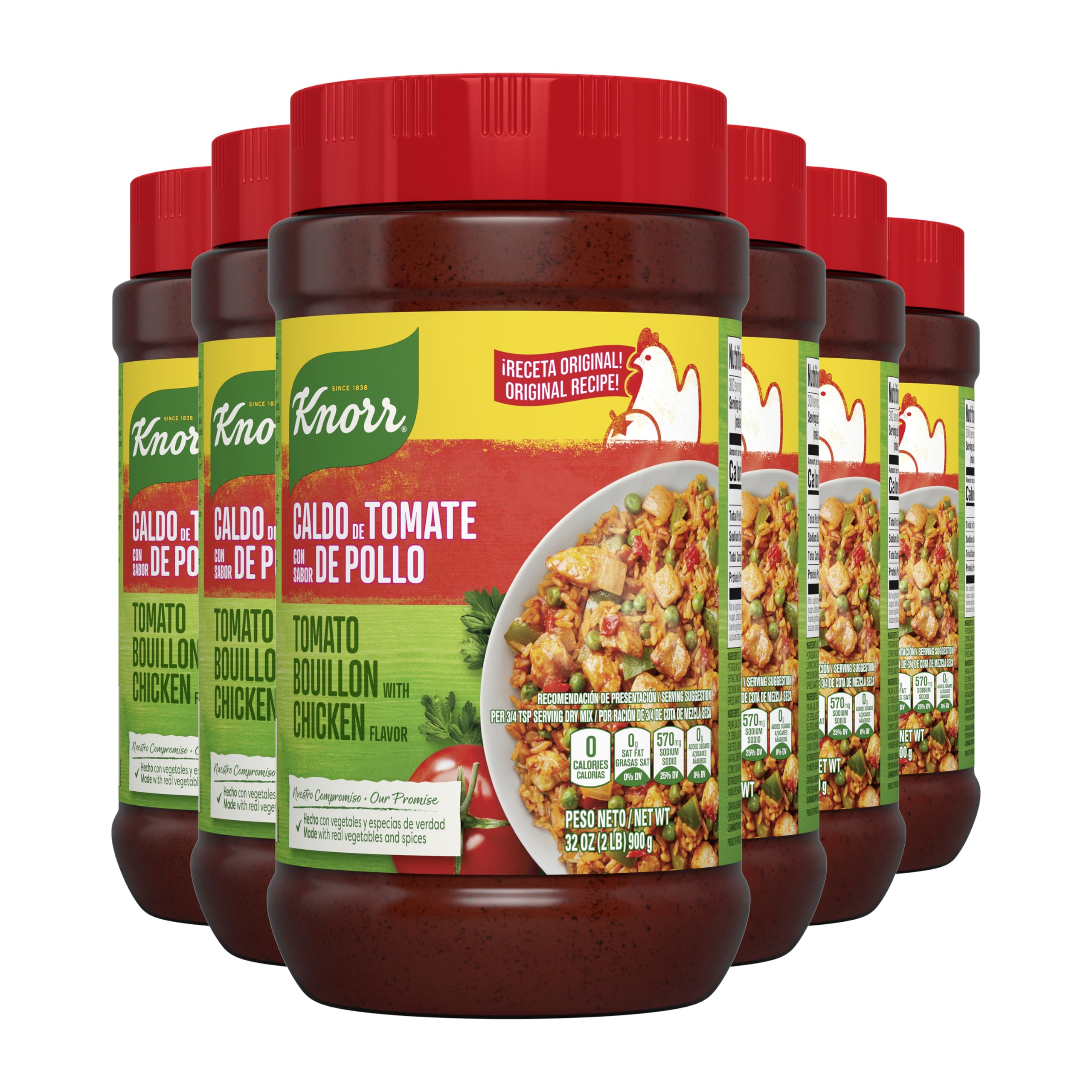 Knorr front packaging showing tomato chicken granulated bouillon, clear label and benefit