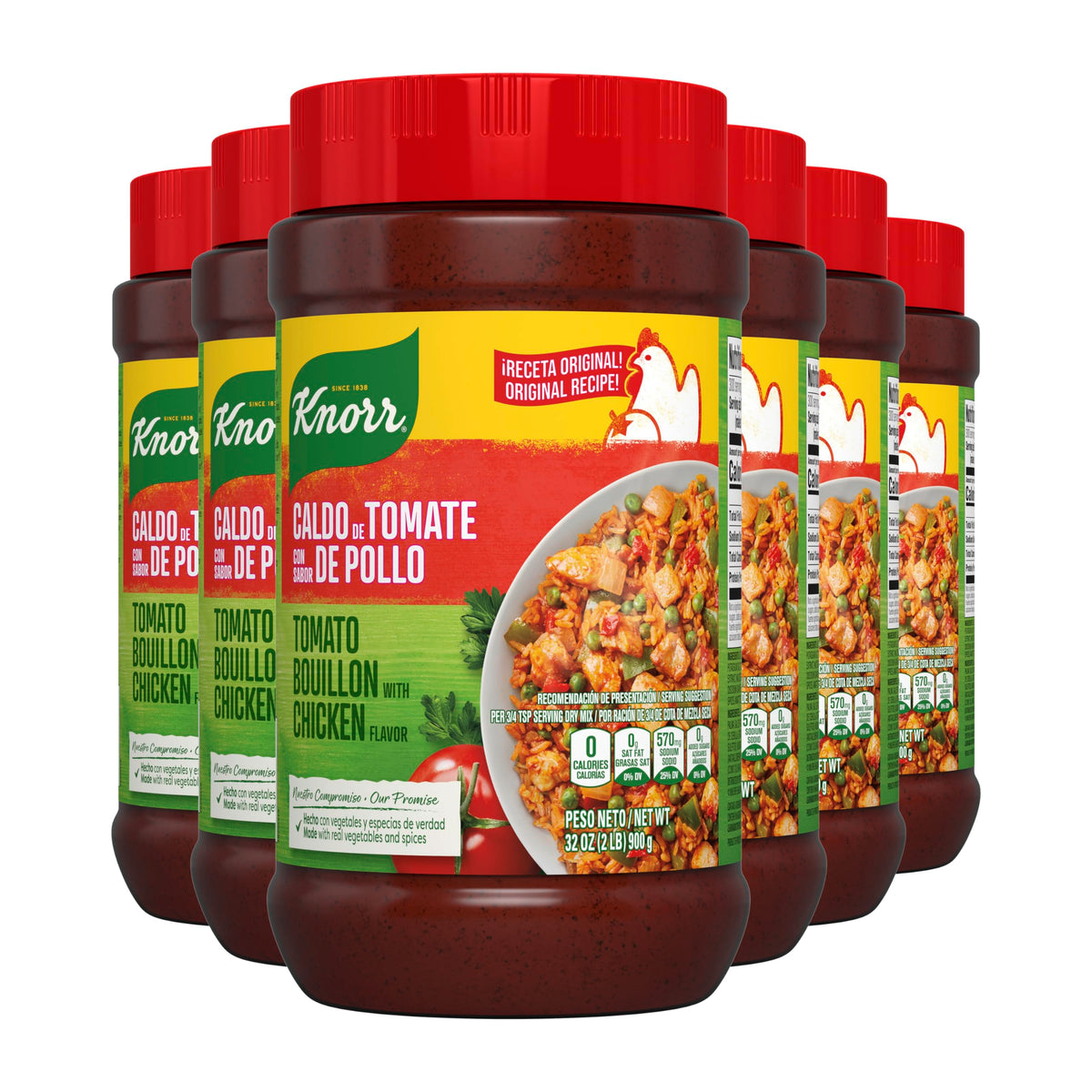 Knorr front packaging showing tomato chicken granulated bouillon, clear label and benefit