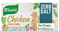 Knorr Zero Salt Chicken front packaging showing eight 9g cubes and benefits
