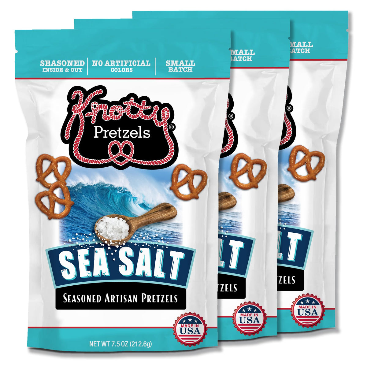 Knotty Pretzels front packaging showing buttery sea salt flavor and convenience