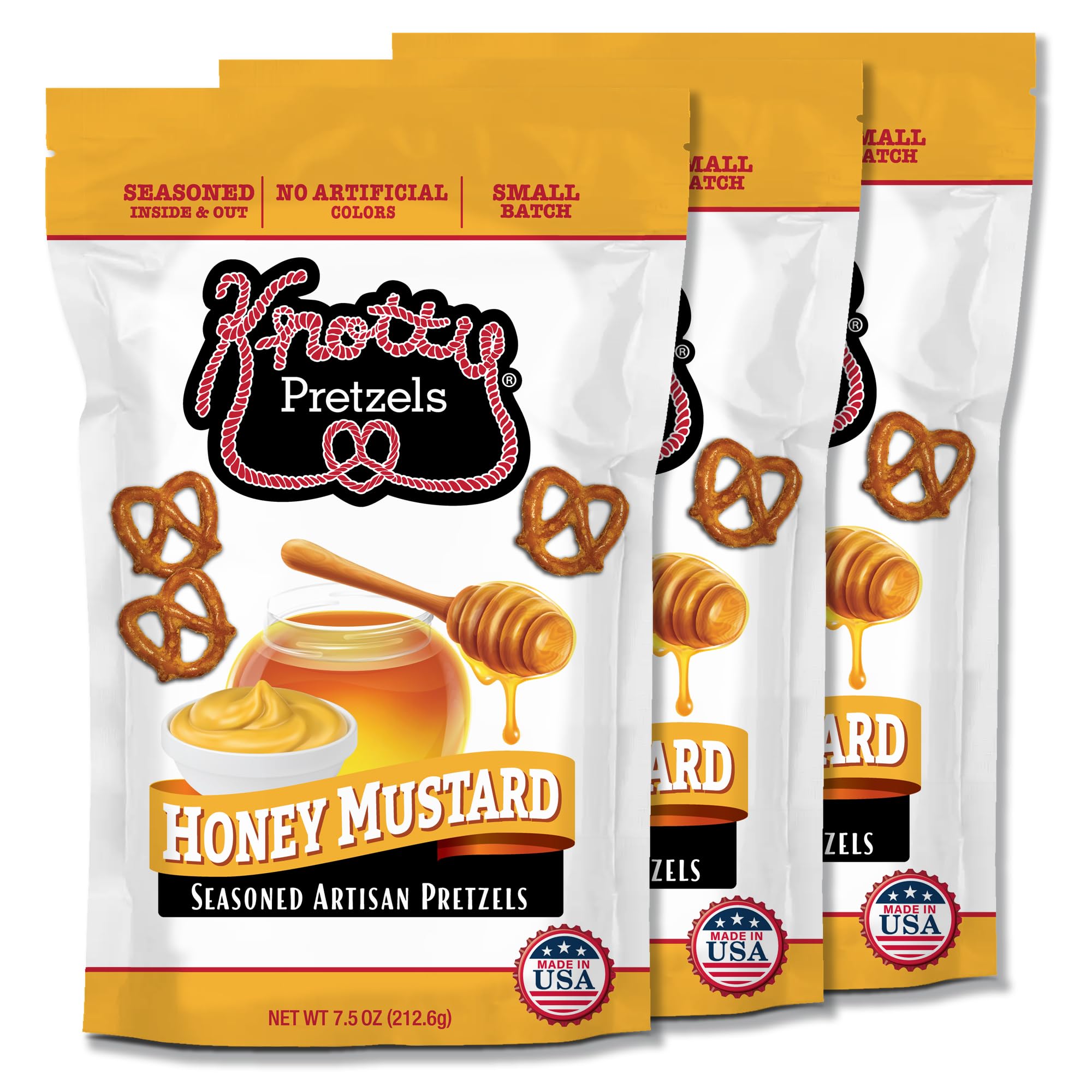 Knotty Pretzels front packaging showing honey mustard flavor and freshness