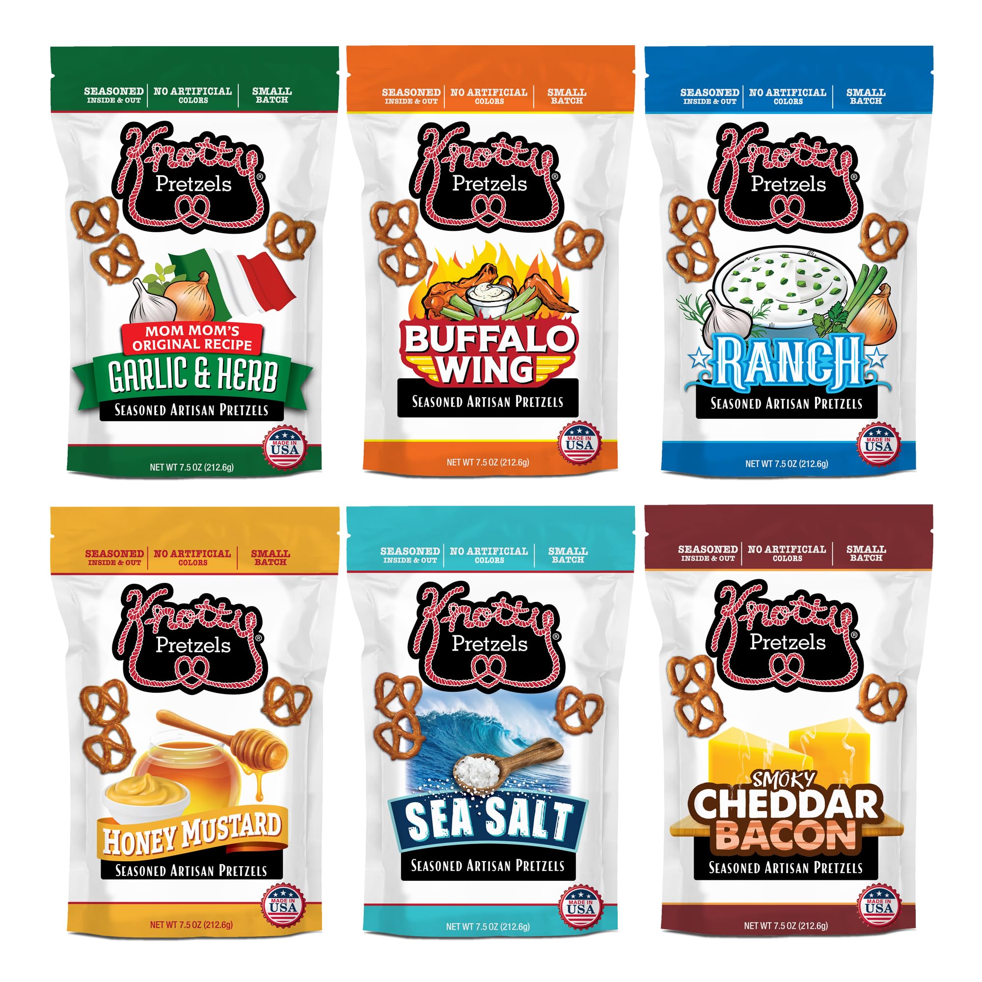 Knotty Pretzels front packaging showing variety pack and benefits
