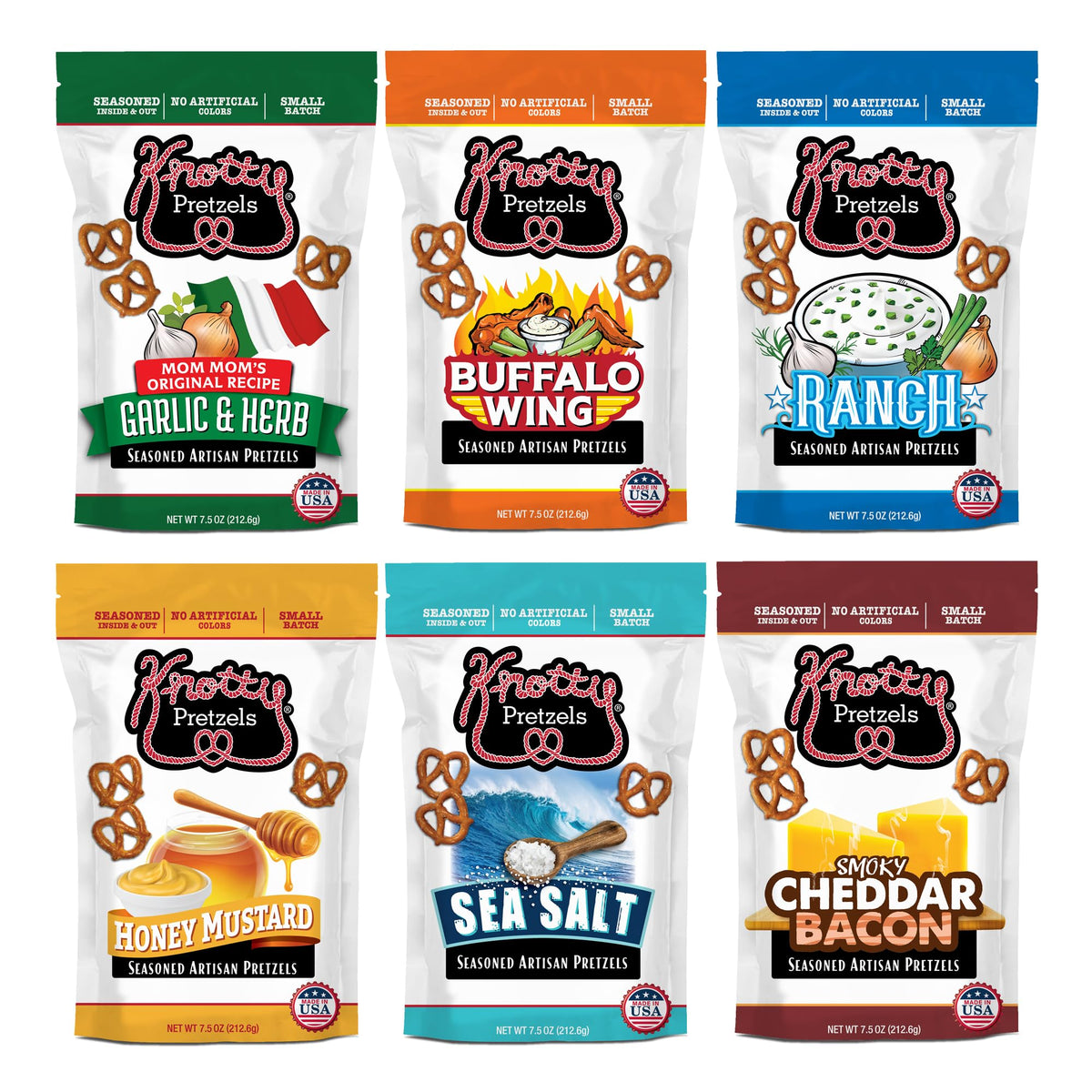 Knotty Pretzels front packaging showing variety pack and benefits