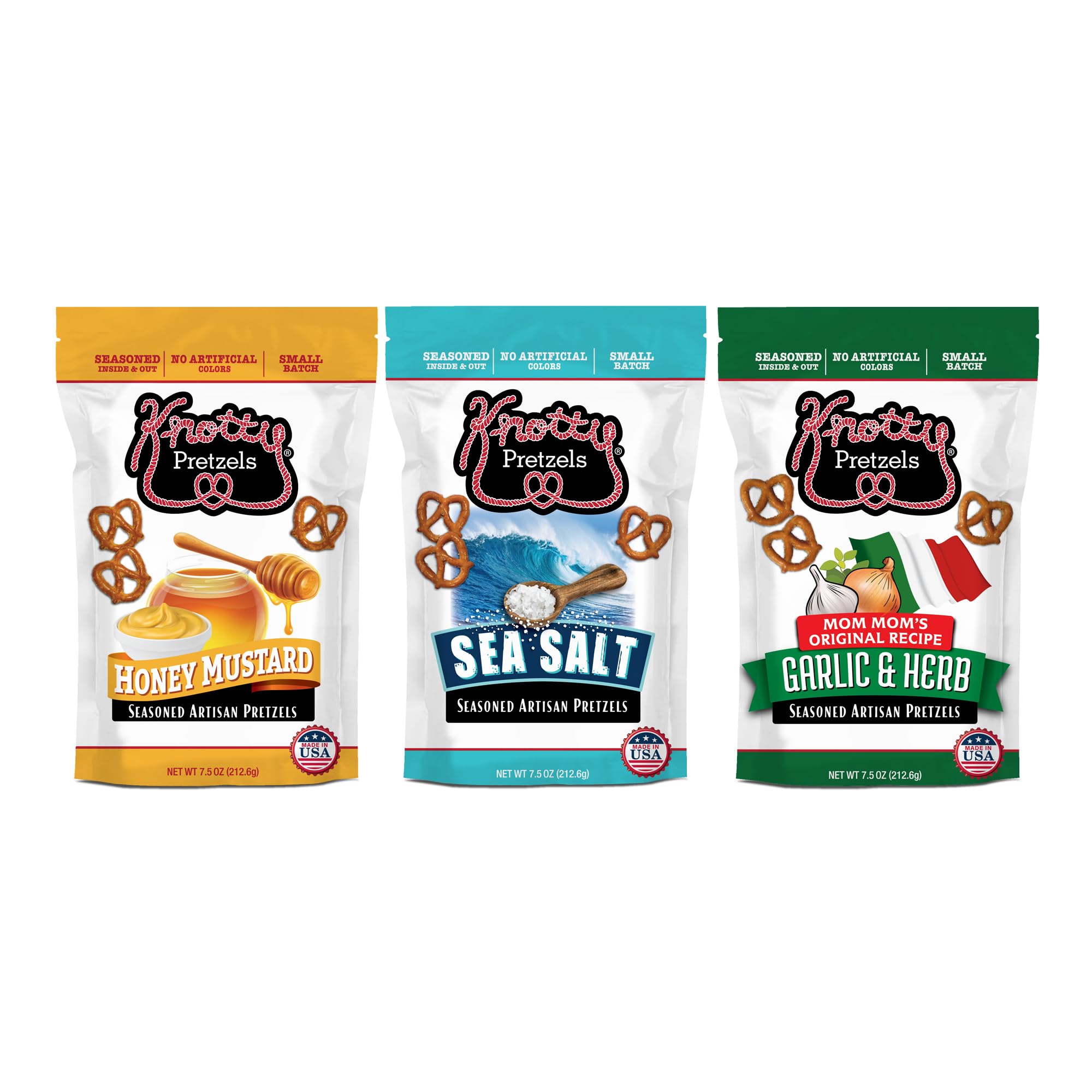Knotty Pretzels front packaging showing three-flavor variety and resealable bag benefit