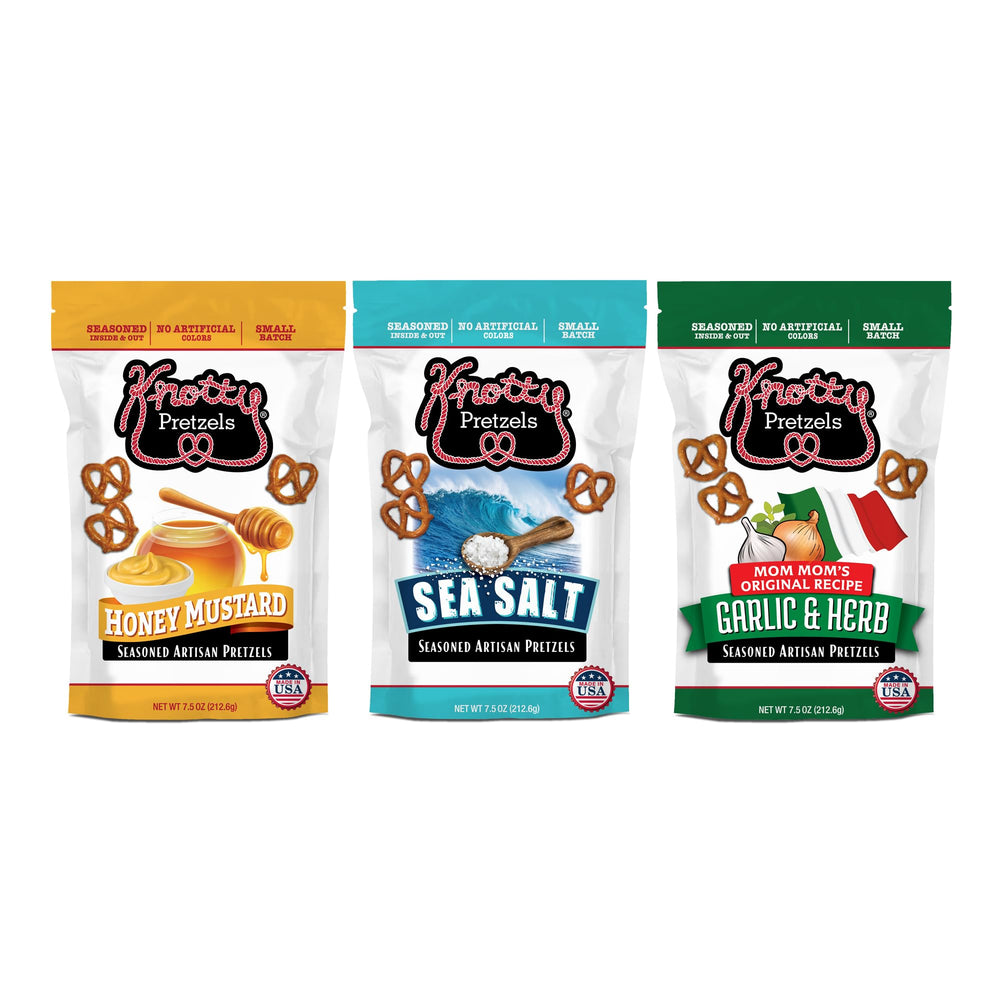 Knotty Pretzels front packaging showing three-flavor variety and resealable bag benefit