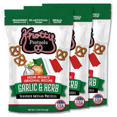 Knotty Pretzels front packaging showing garlic and herb flavor and resealable bag benefit