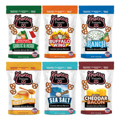 Knotty Pretzels front packaging showing variety pack and benefits