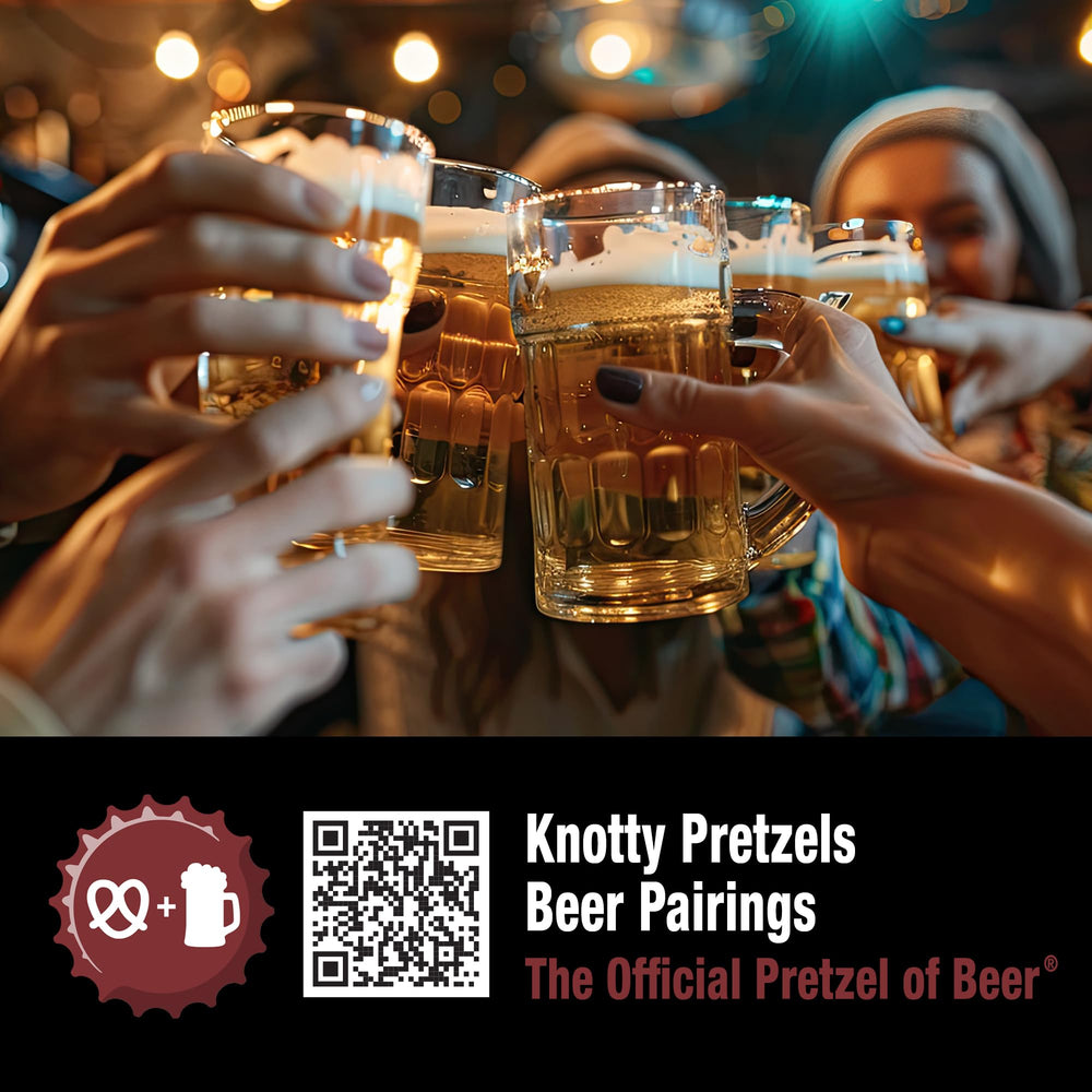 Knotty Pretzels on picnic table near beer showing ideal pairing for gatherings