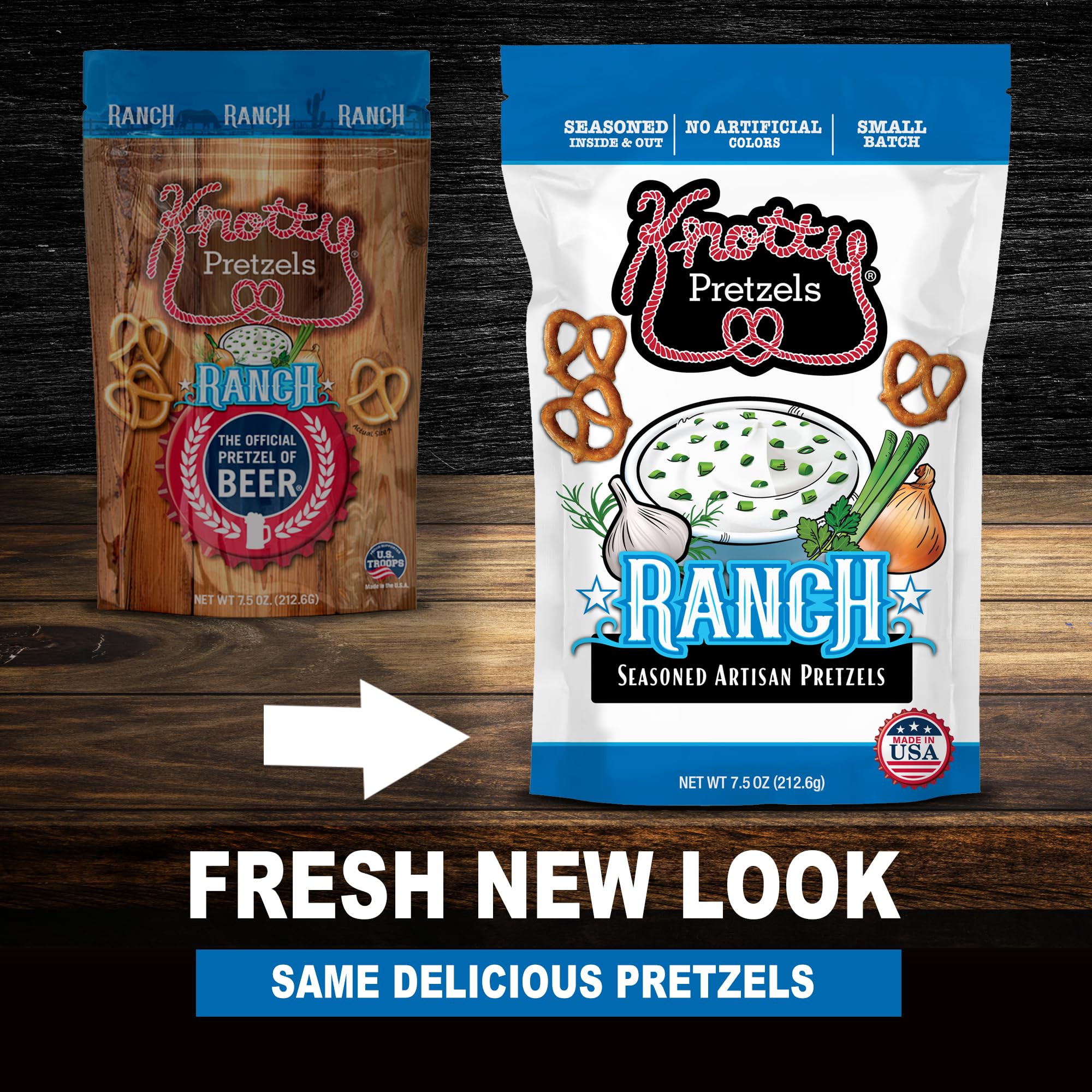 Knotty Pretzels label close-up showing ingredient clarity and serving details