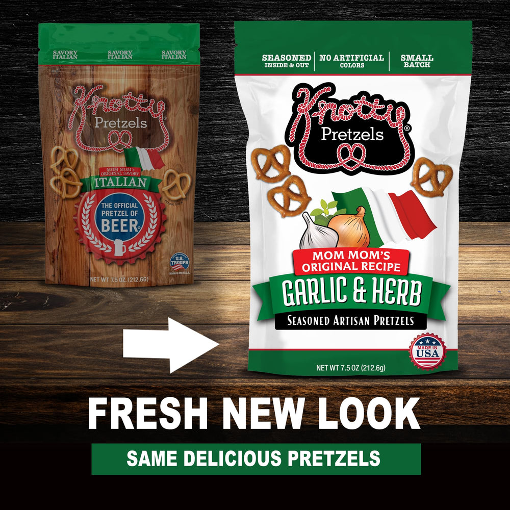 Knotty Pretzels 7.5 oz bag next to a can to show portable size advantage