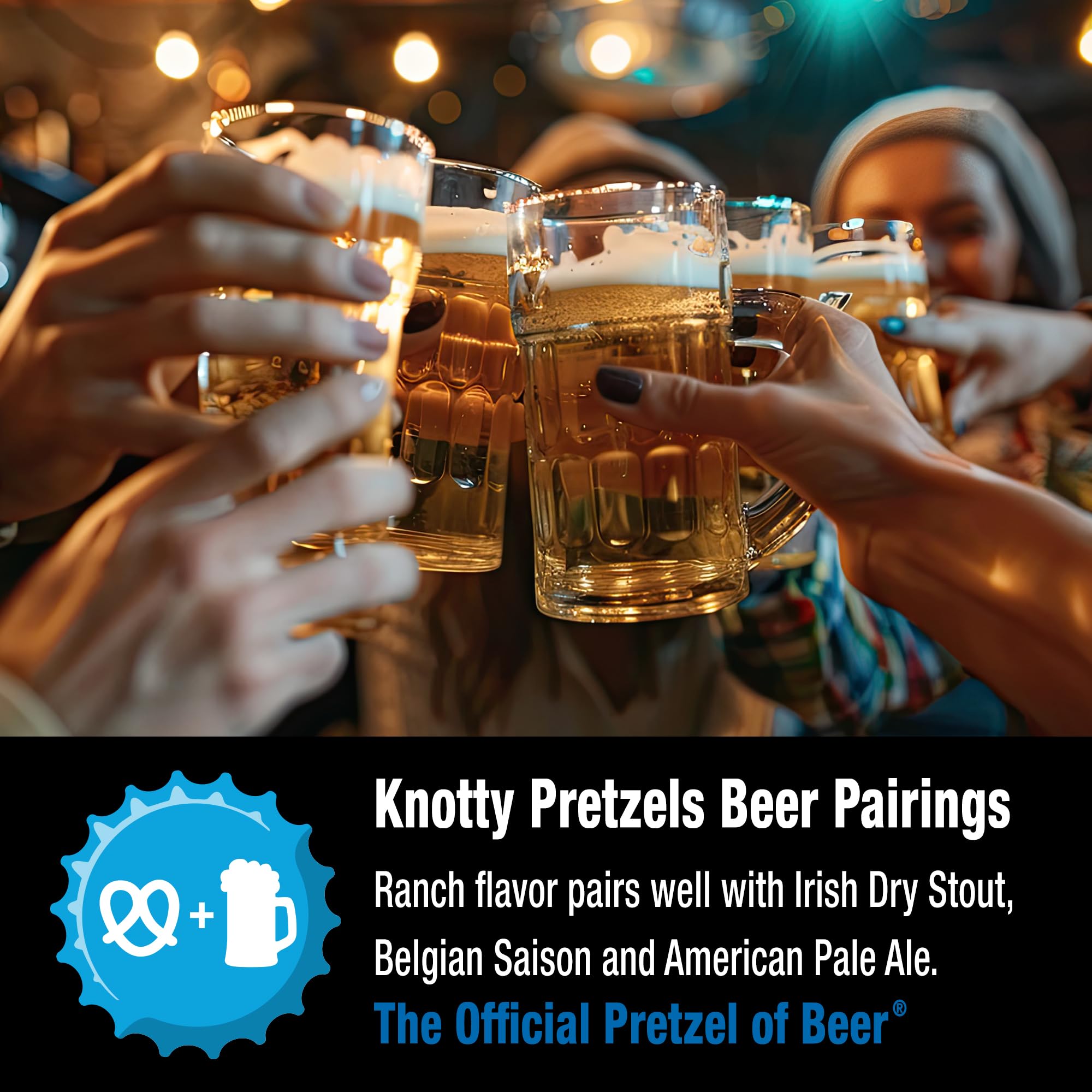 Knotty Pretzels held in hand to show 7.5 oz pouch portion size benefit