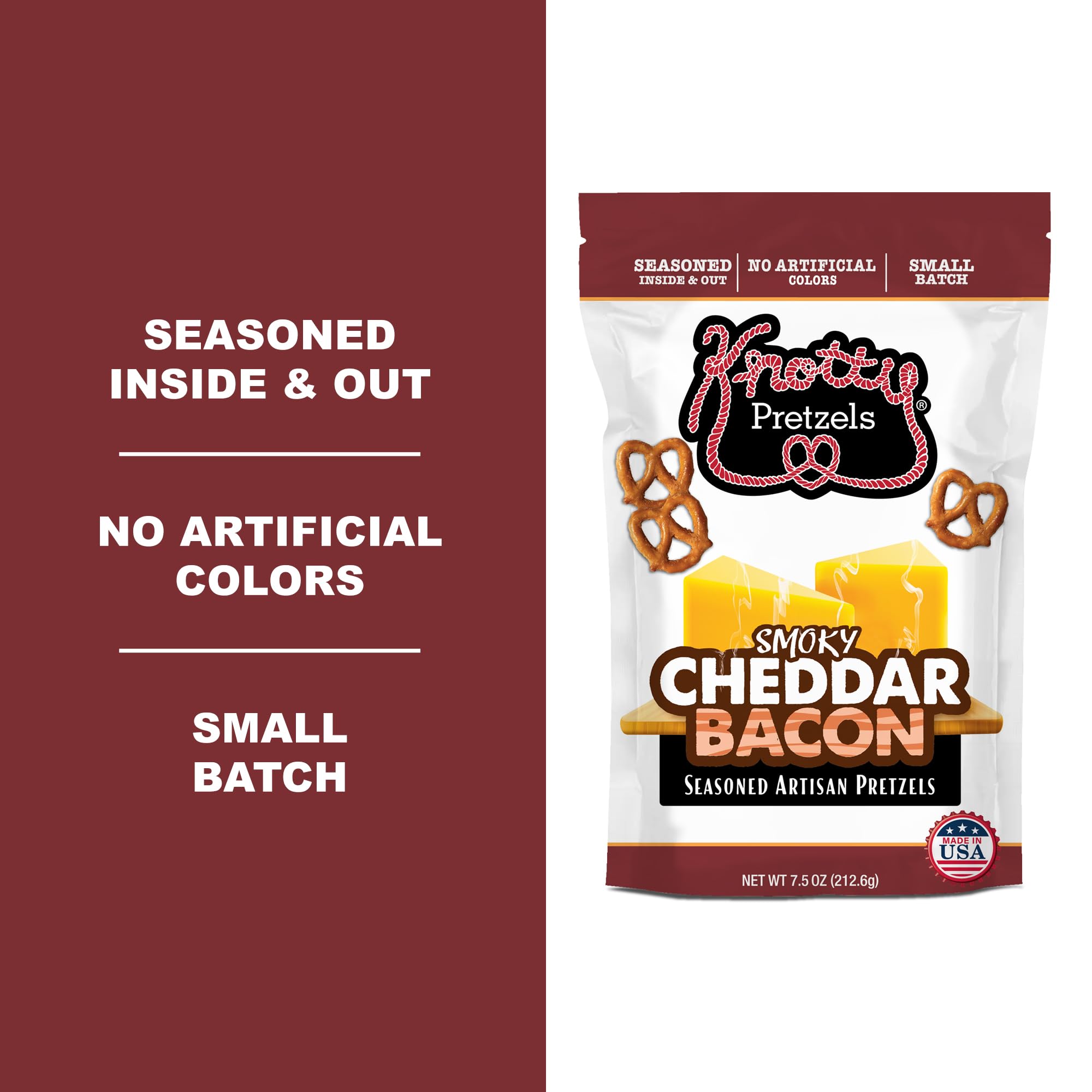 Hand holds a Knotty Pretzels 7.5-ounce bag to show scale and portable portioning for outings