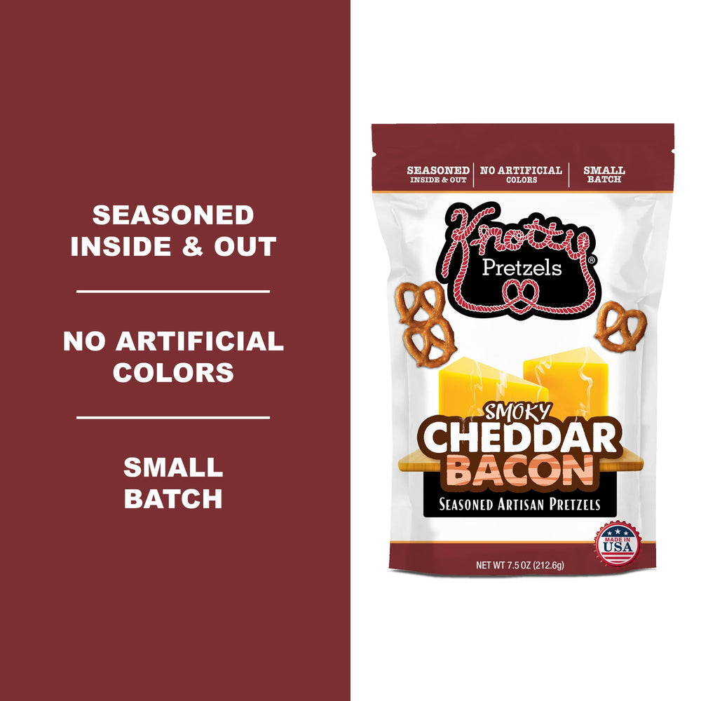 Hand holds a Knotty Pretzels 7.5-ounce bag to show scale and portable portioning for outings