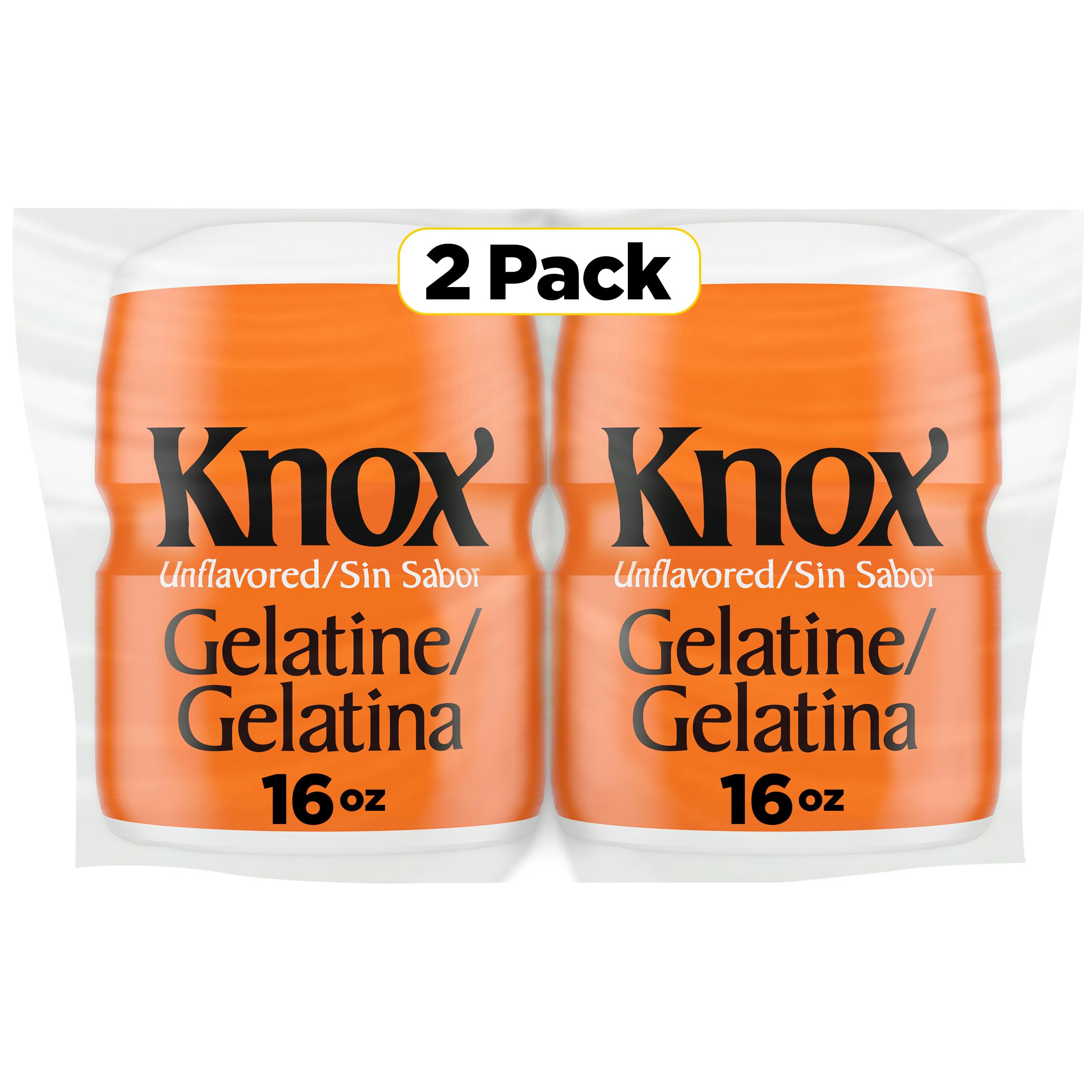Knox Gelatin front view showing label and resealable canister for pantry convenience