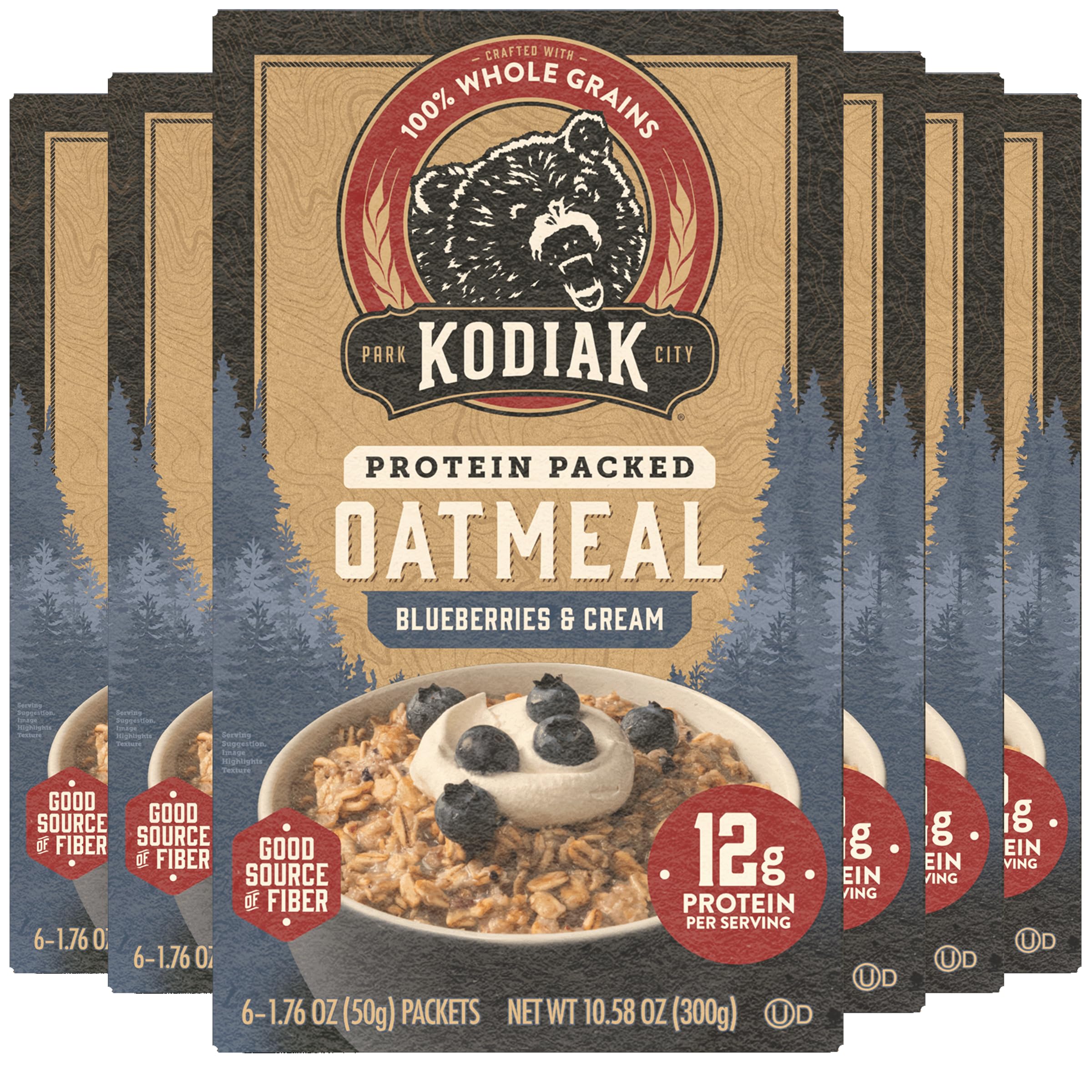 Kodiak Cakes front packaging showing blueberries and cream, highlights convenience