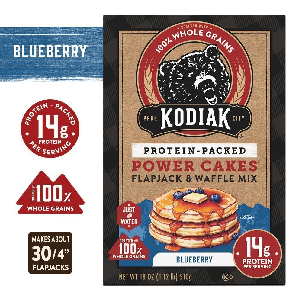Kodiak Cakes blueberry batter close-up highlighting whole-grain texture and visible berries