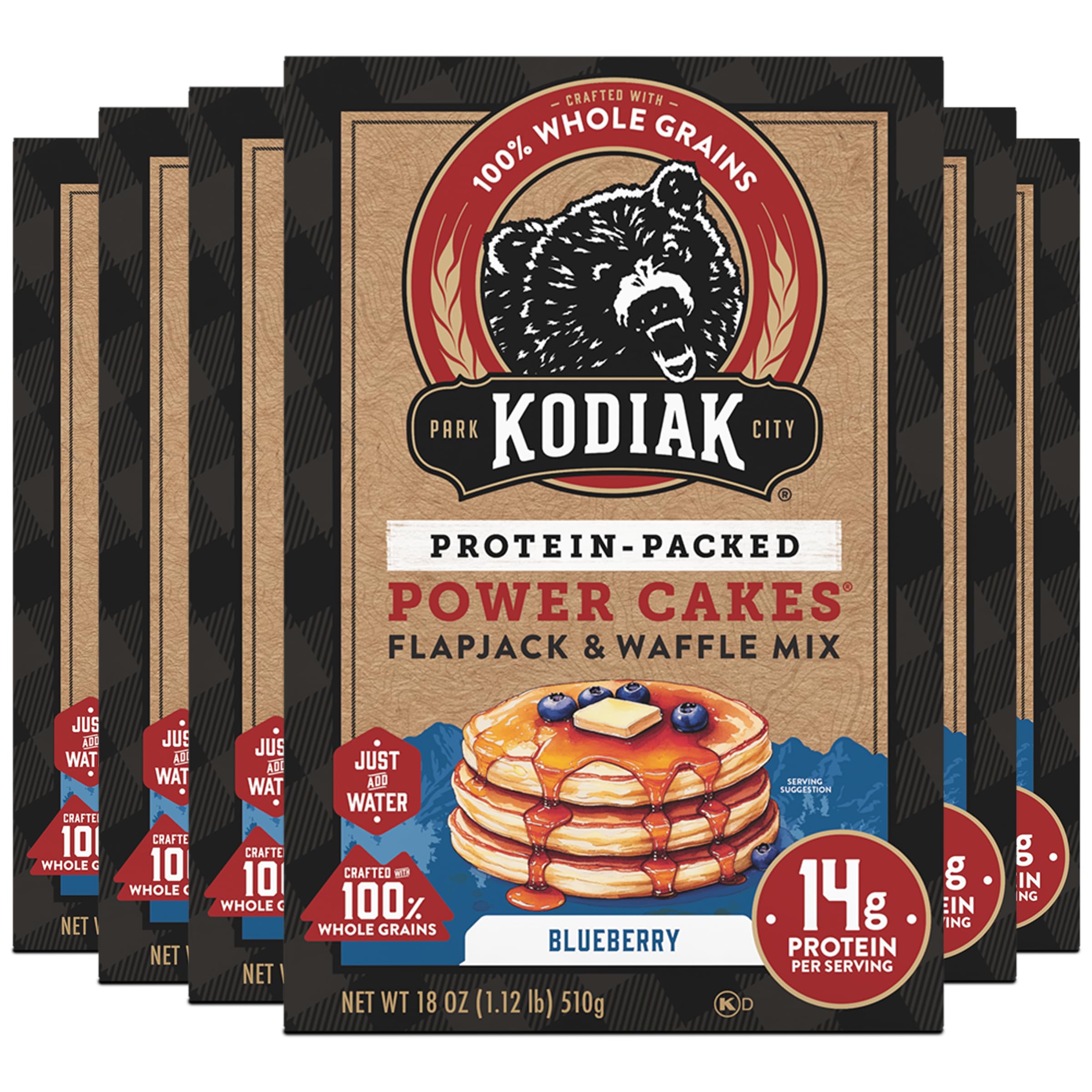 Kodiak Cakes front packaging showing blueberry mix and clear branding for easy recognition