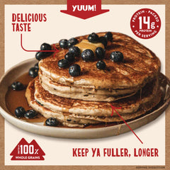 Kodiak Cakes plated blueberry pancakes with syrup showing fluffy texture and protein benefit