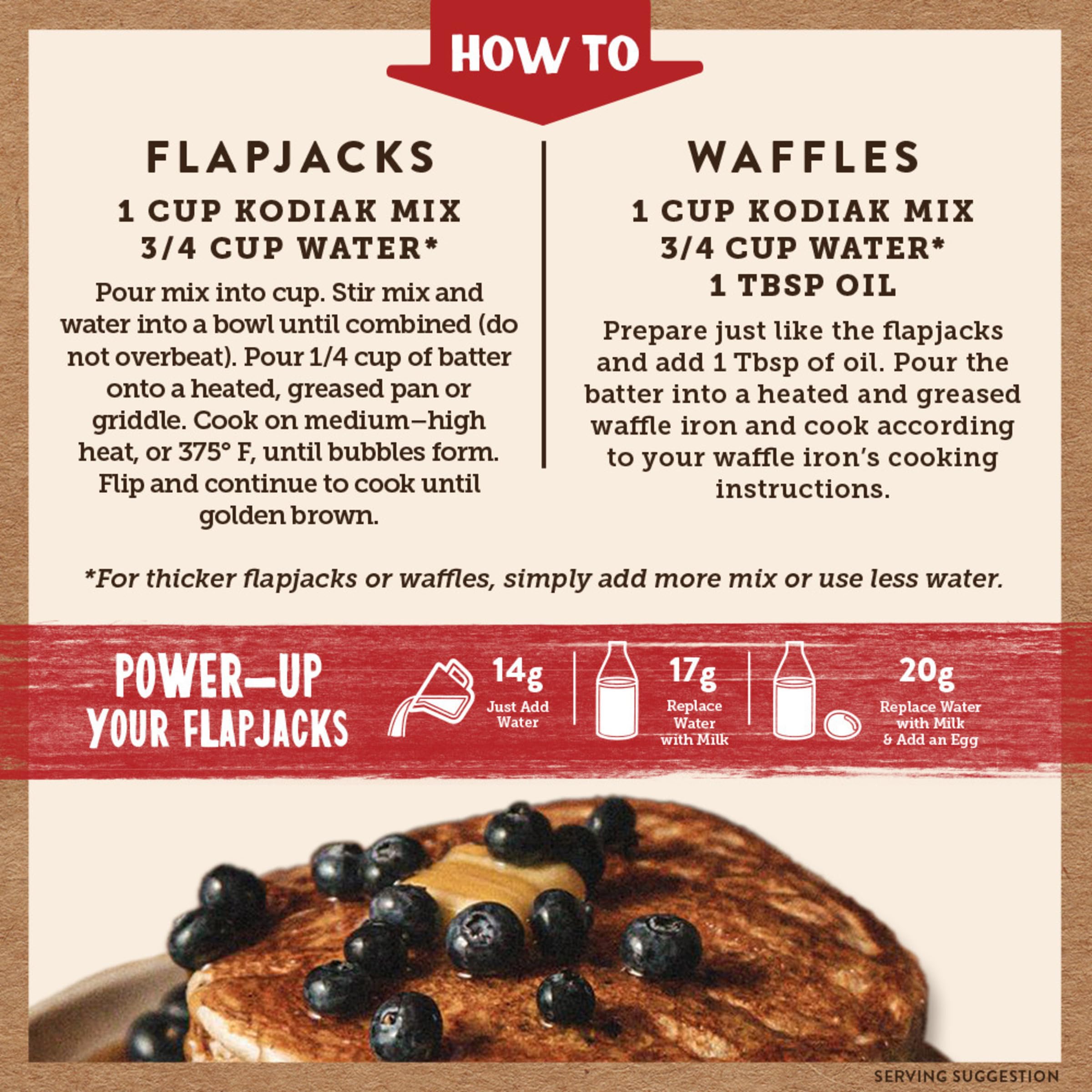 Kodiak Cakes box next to measuring cup illustrating serving size and convenient bulk pack