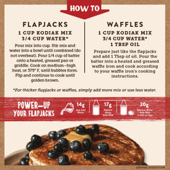 Kodiak Cakes box next to measuring cup illustrating serving size and convenient bulk pack