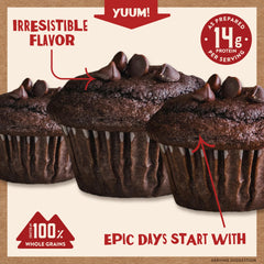 Kodiak Cakes baked muffins on tray demonstrating rich chocolate and moist crumb