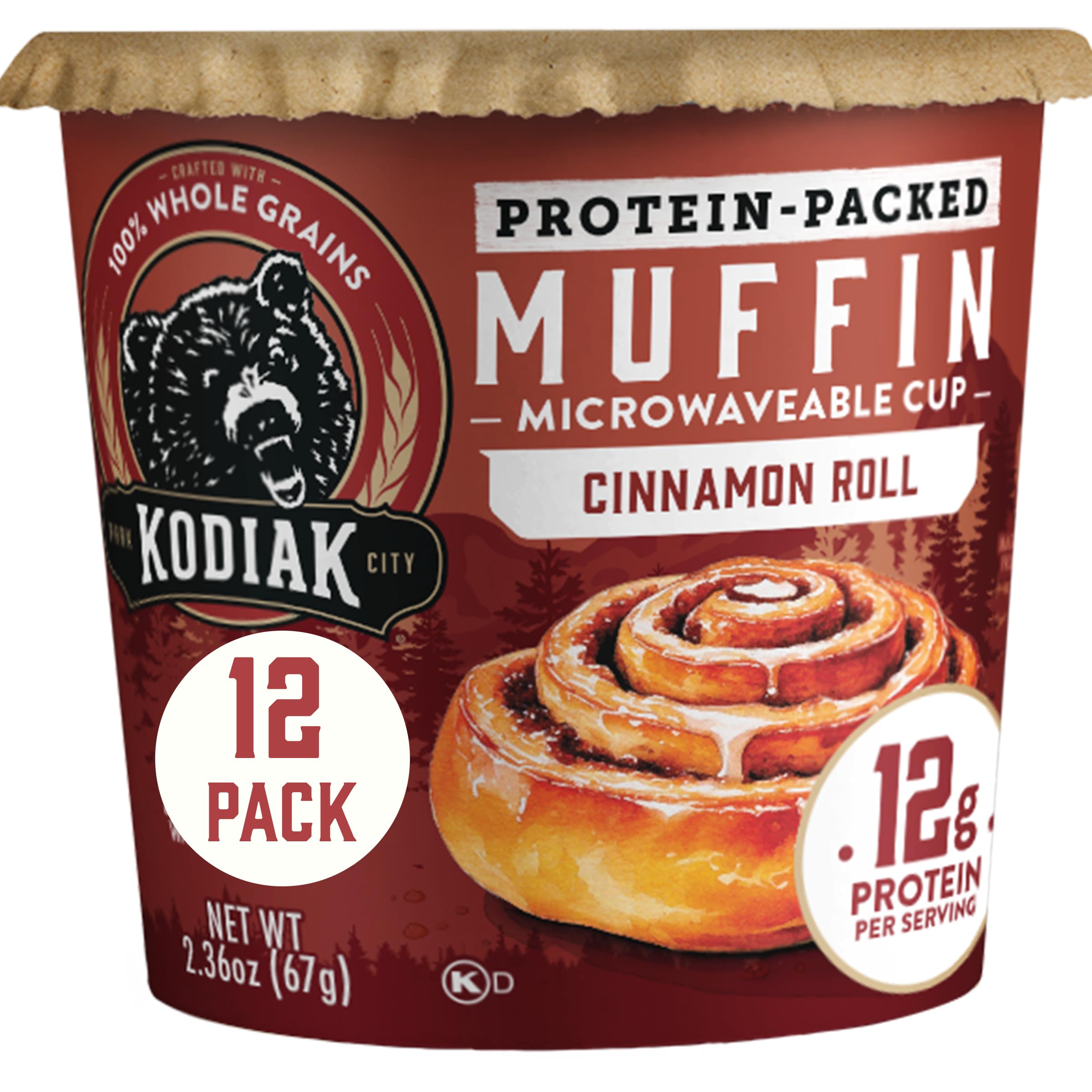 Kodiak Cakes front packaging showing cinnamon roll minute muffin and benefits
