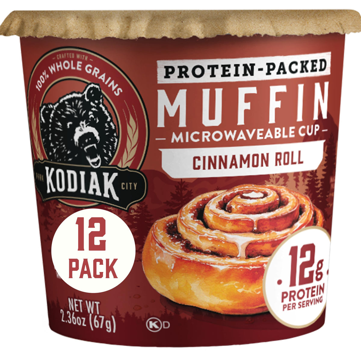 Kodiak Cakes front packaging showing cinnamon roll minute muffin and benefits