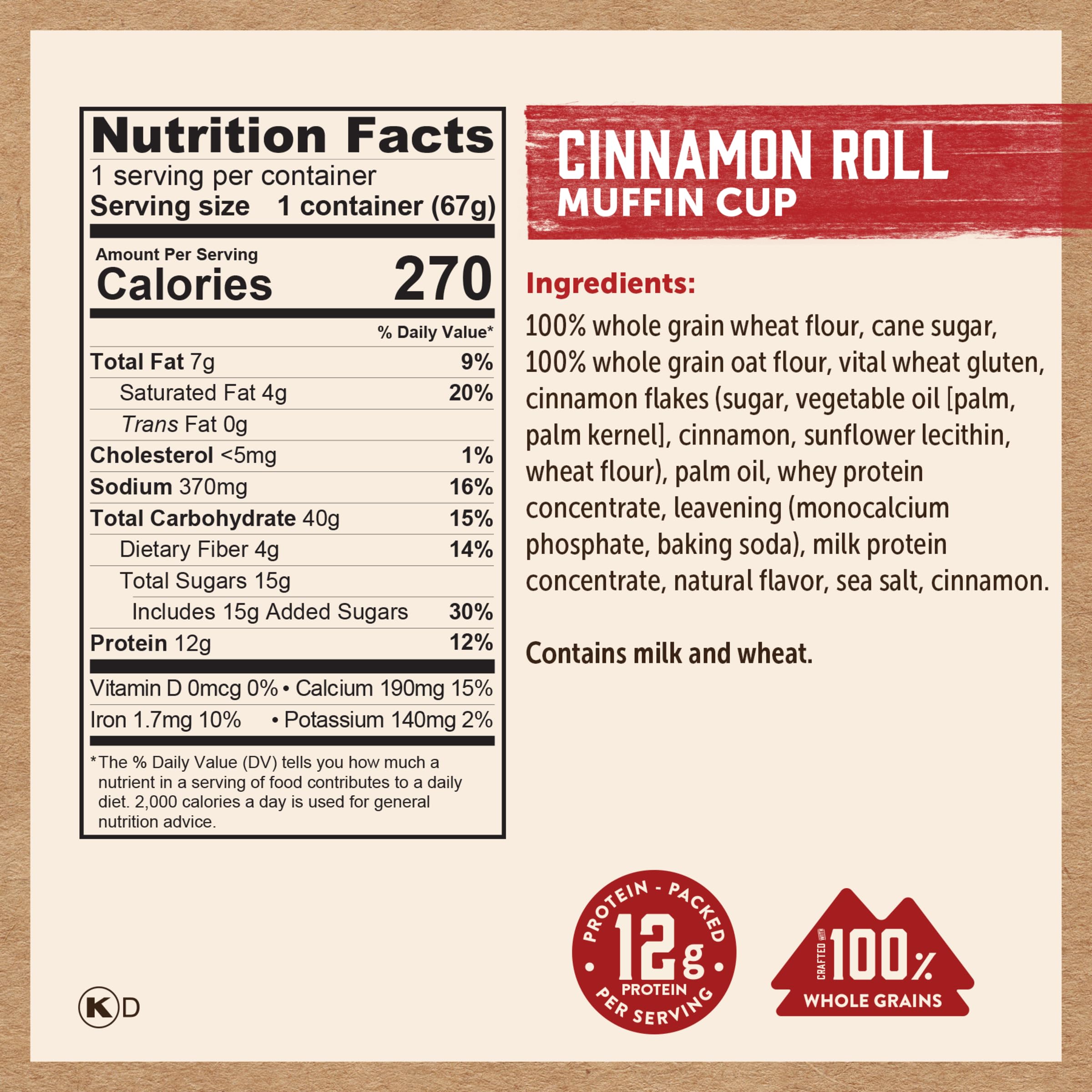 Kodiak Cakes nutrition label and ingredients emphasizing 12g protein