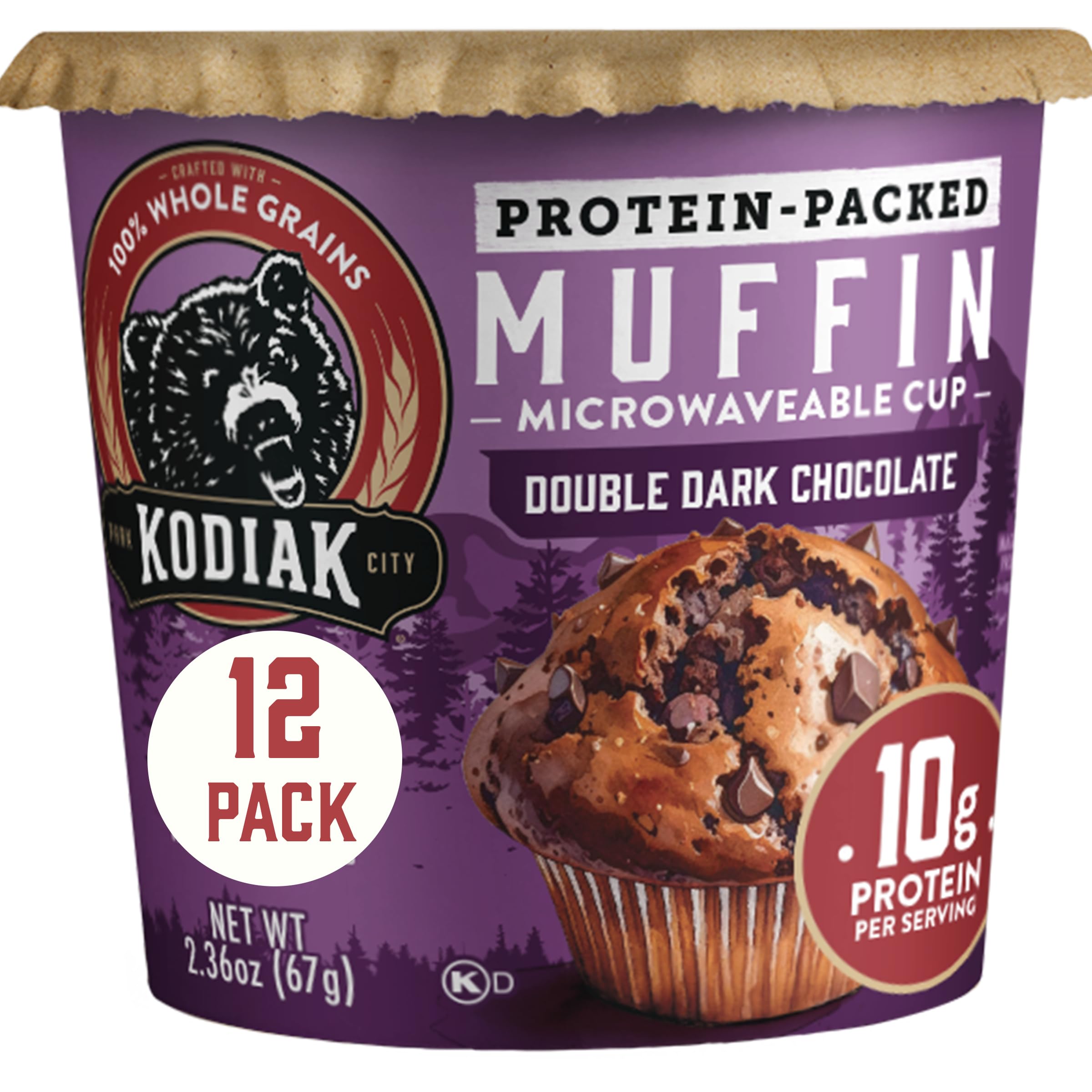Kodiak Cakes front packaging showing 12-pack and chocolate flavor benefit