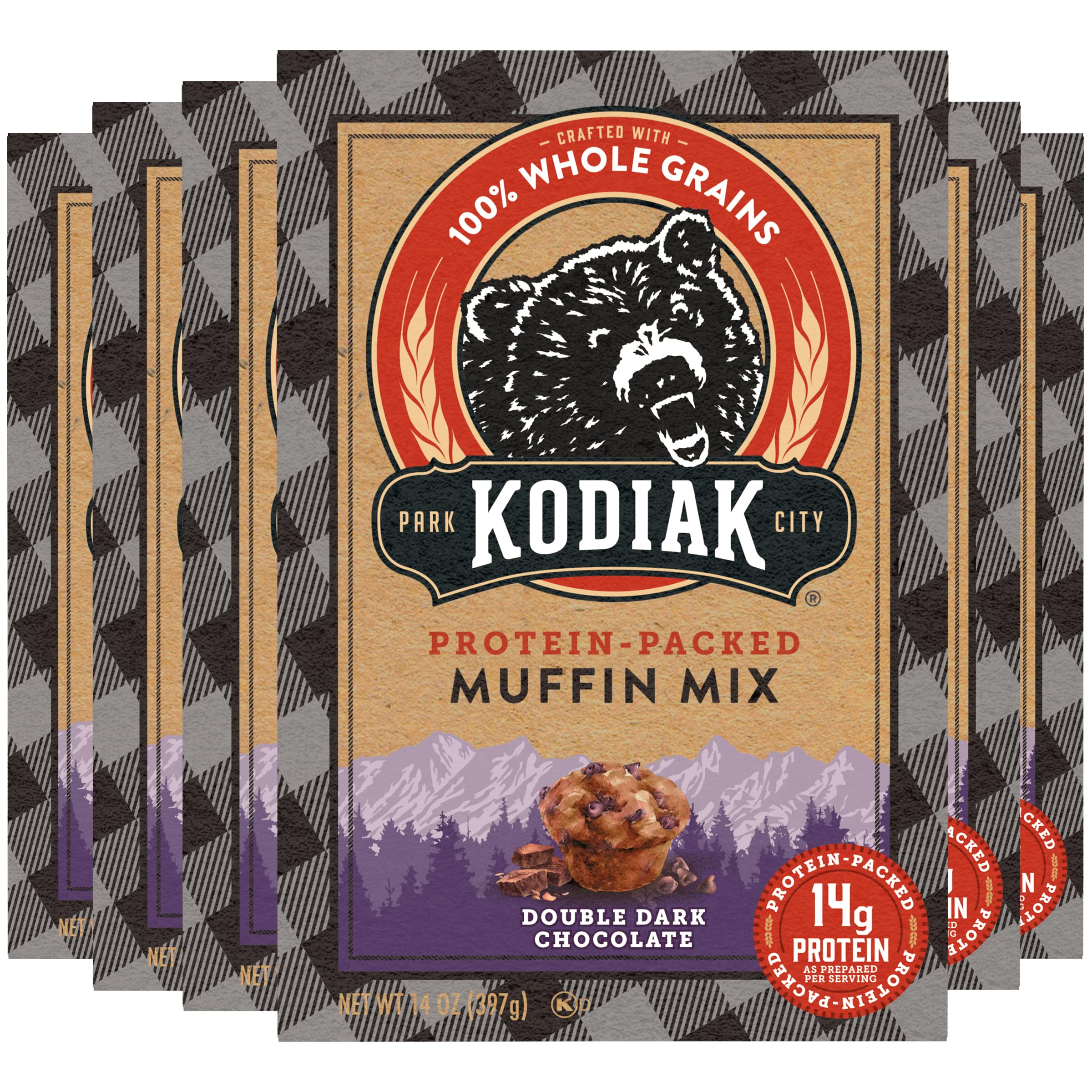 Kodiak Cakes front packaging showing double dark chocolate mix and benefits