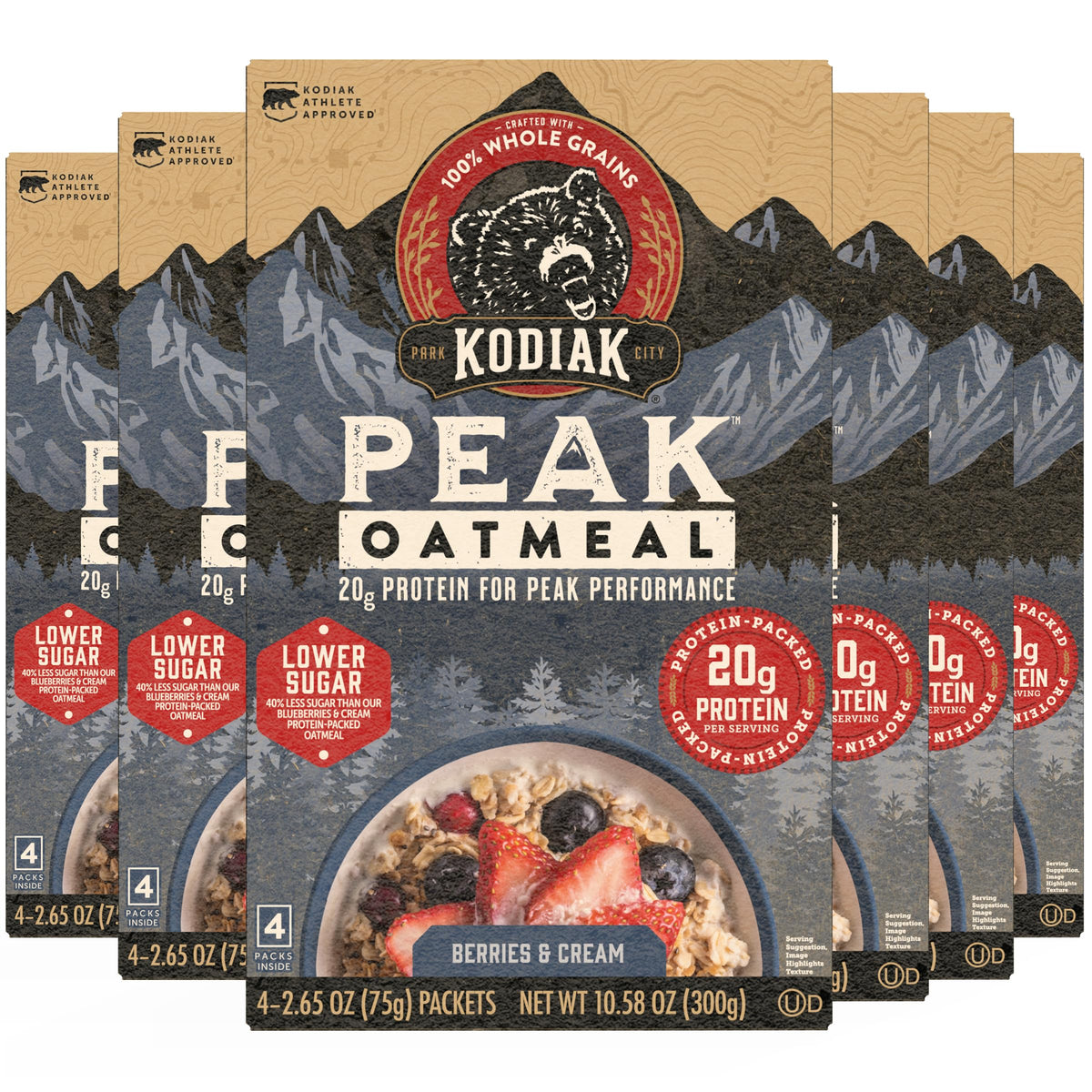 Kodiak Cakes front packaging showing berries and cream flavor and convenience
