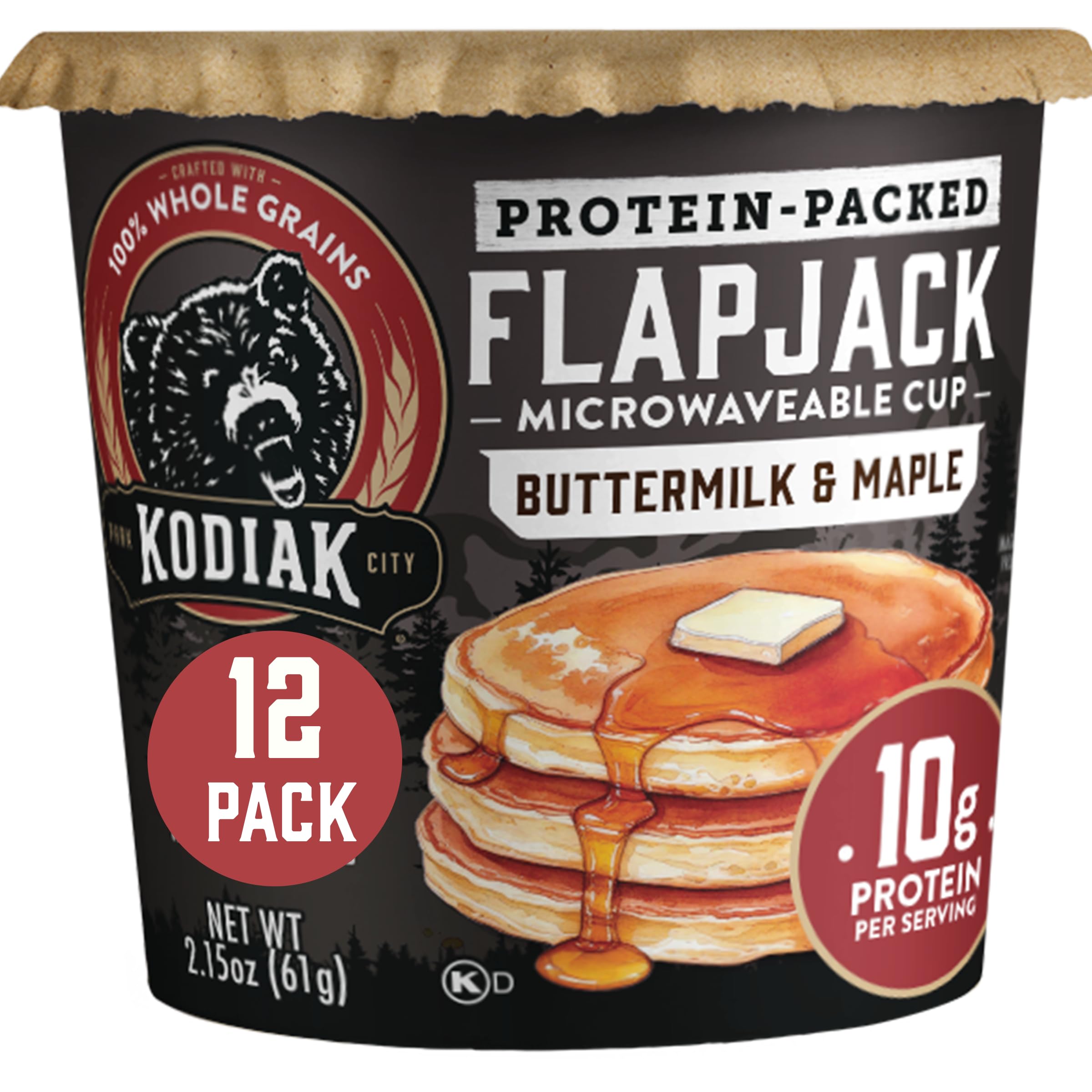 Kodiak Cakes front packaging showing buttermilk maple cups and benefits