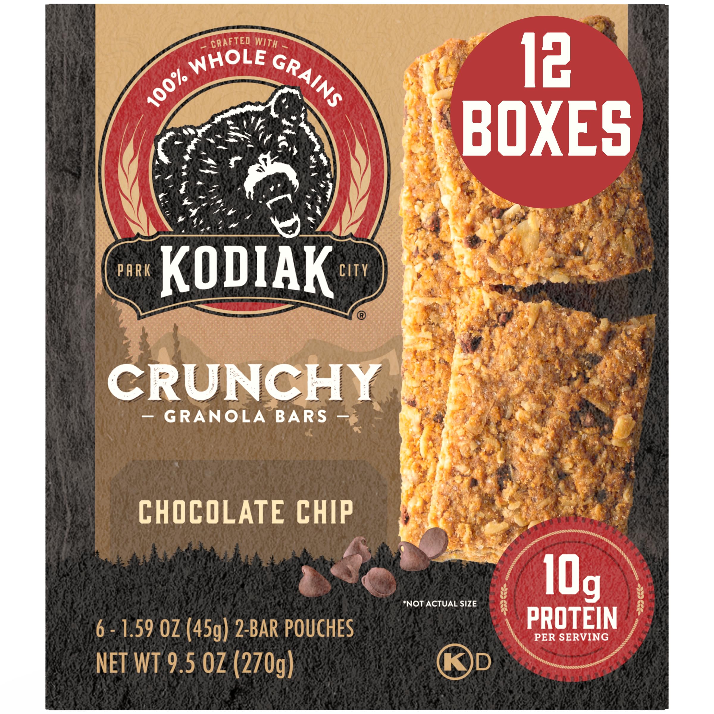 Kodiak Cakes front packaging showing chocolate chip bars and whole grains benefit