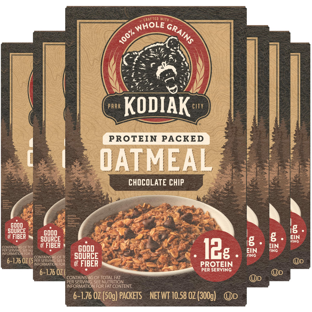 Kodiak Cakes front packaging showing chocolate chip flavor and whole grains benefit