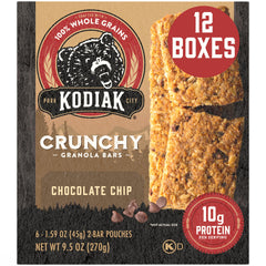Kodiak Cakes front packaging showing chocolate chip bars and whole grains benefit