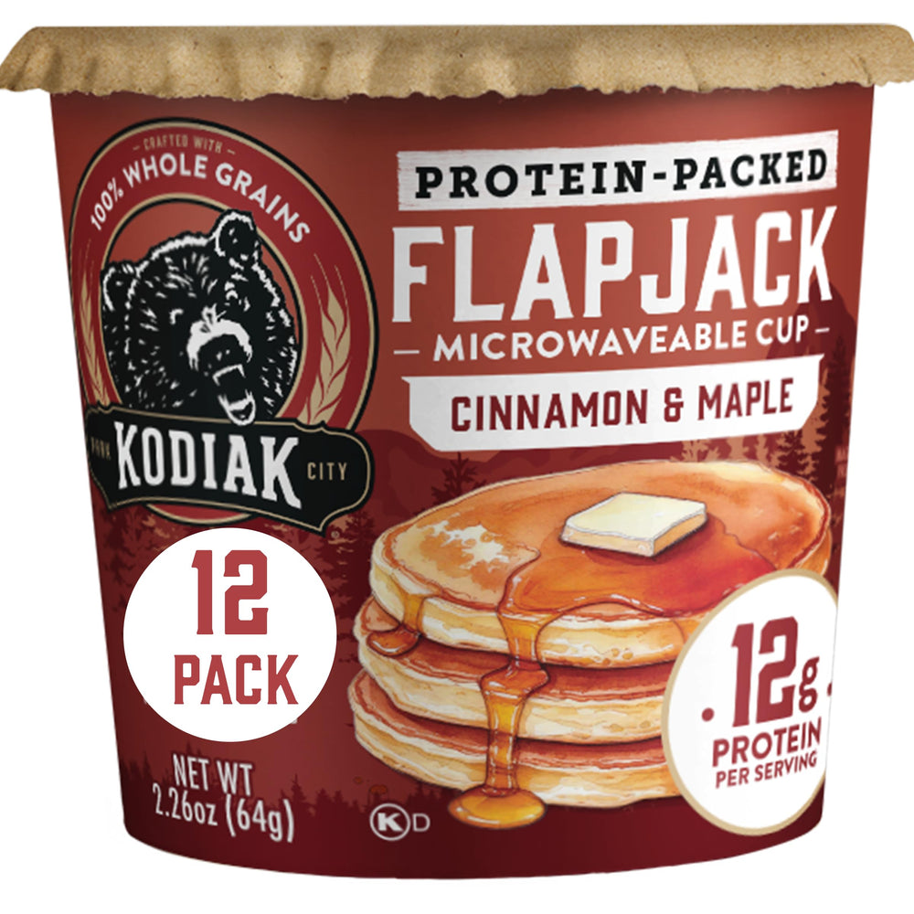 Kodiak Cakes front packaging showing cinnamon and maple flavor and convenience