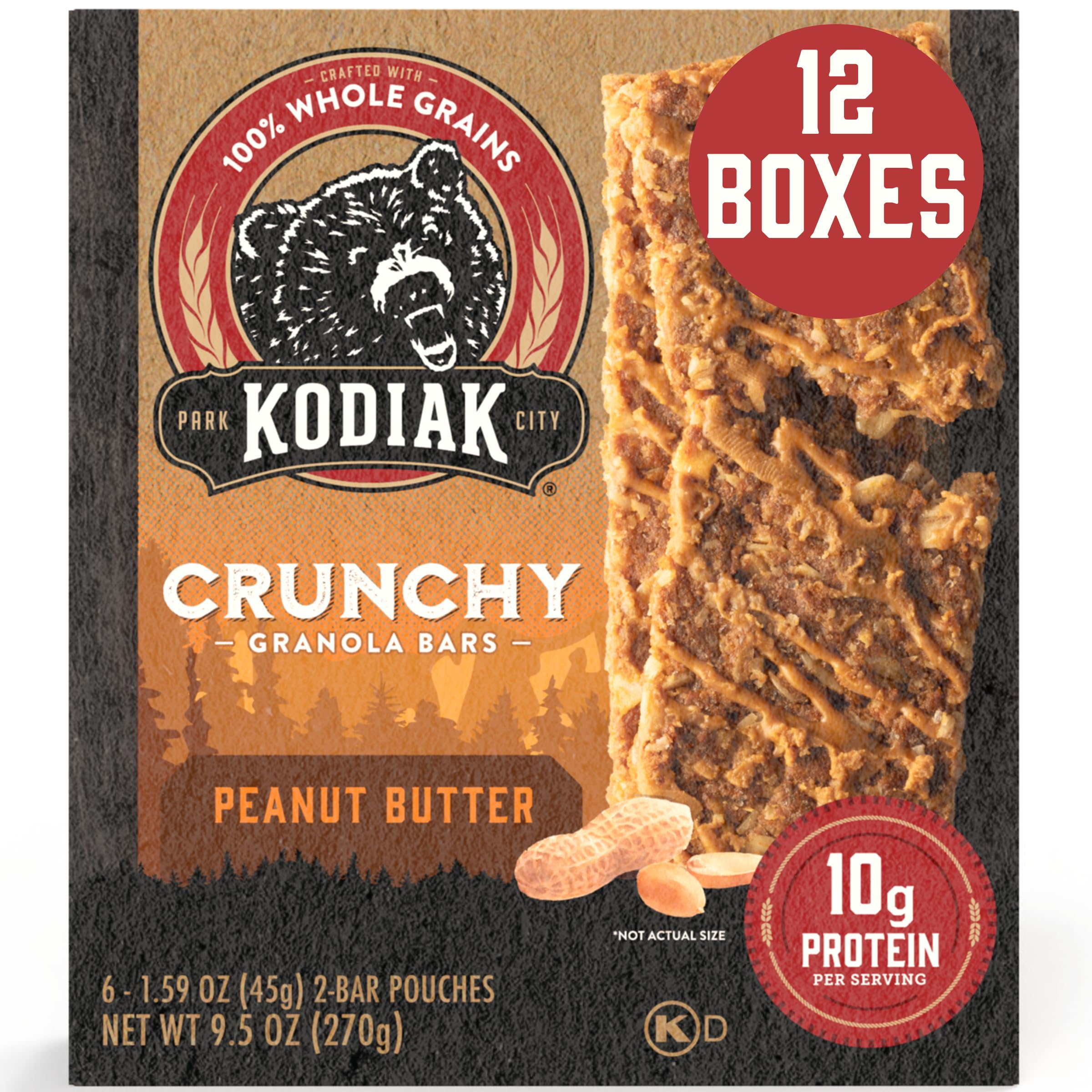Kodiak Cakes front packaging showing crunchy peanut butter bars and protein highlight
